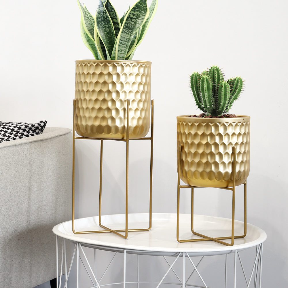 2 Set of 17&12 " Tall Planters With Stand (Gold)-2