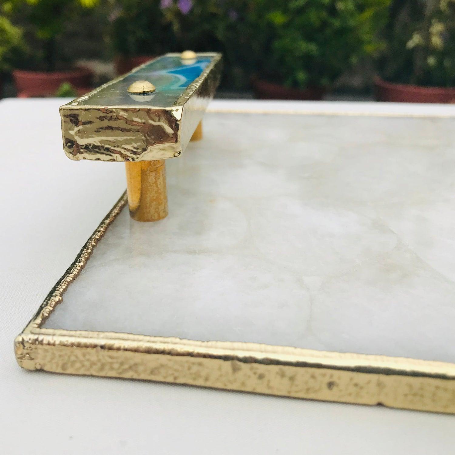White Crystal Agate Plated Serving Tray With Blue Agate/Onyx Handles/Personalised Momentos/Sign Boards - PRHOMZ