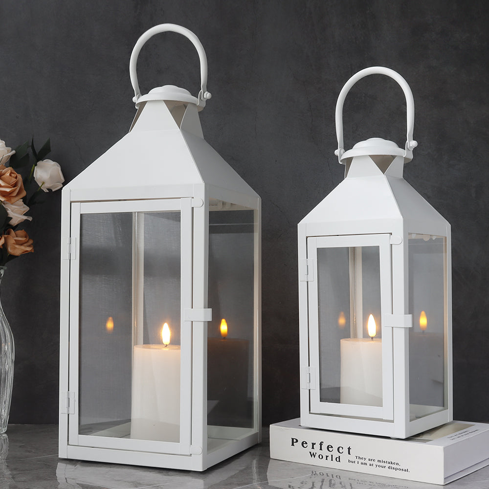 17.5"&13.5"Set of 2 Metal Candle Lanterns(White)-0