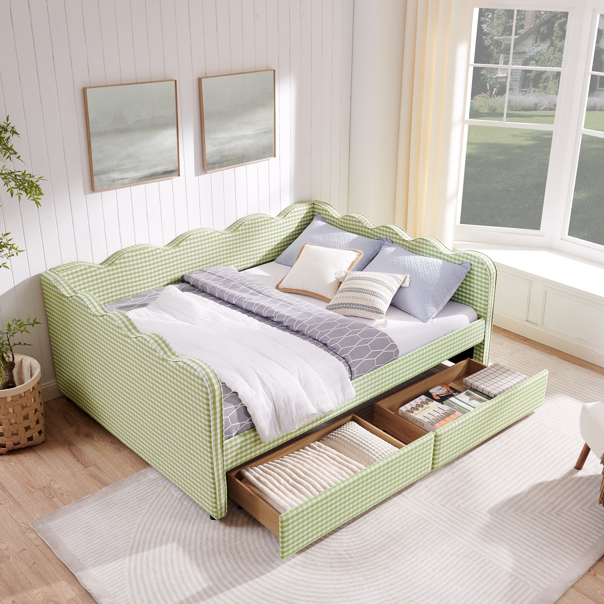 Queen Size Cozy Gingham Daybed with Two Storage Drawers and USB Port