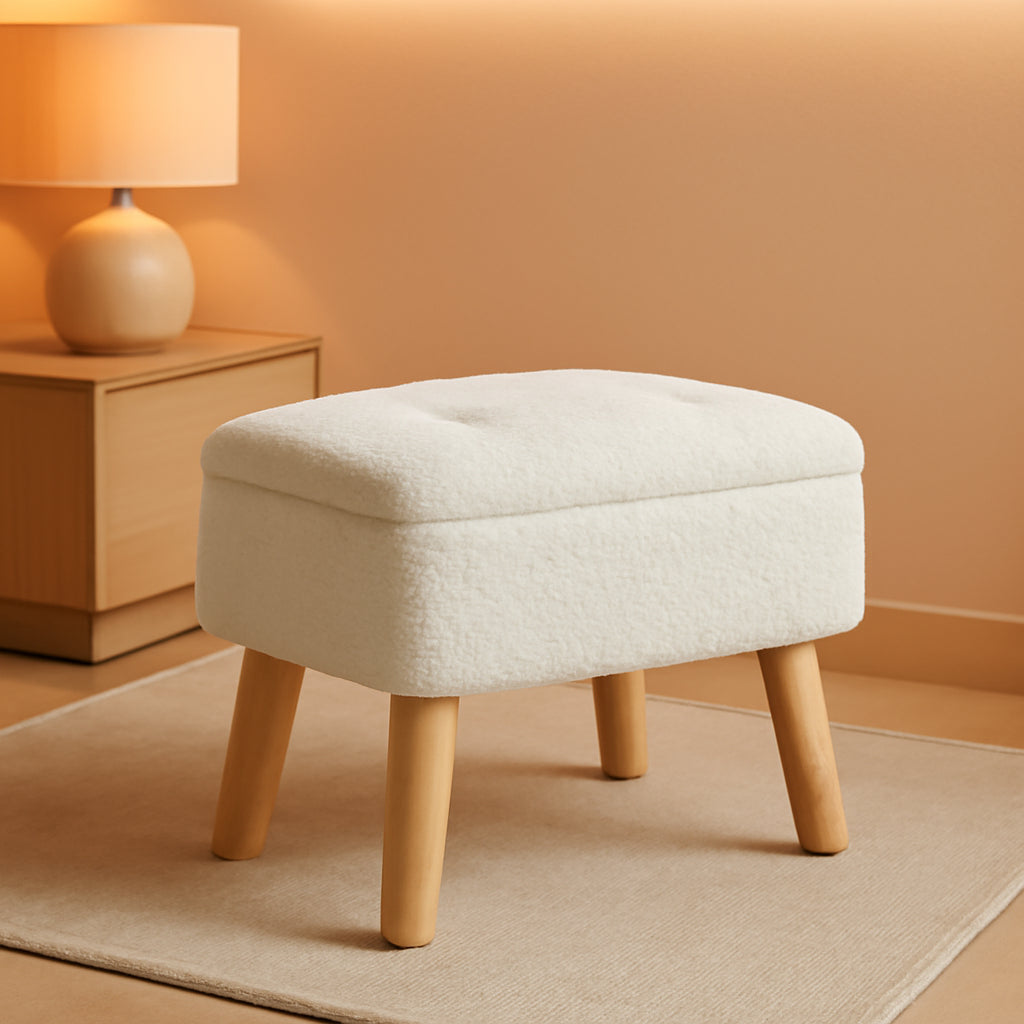 Cream Velvet Storage Ottoman With Extra Cushioning