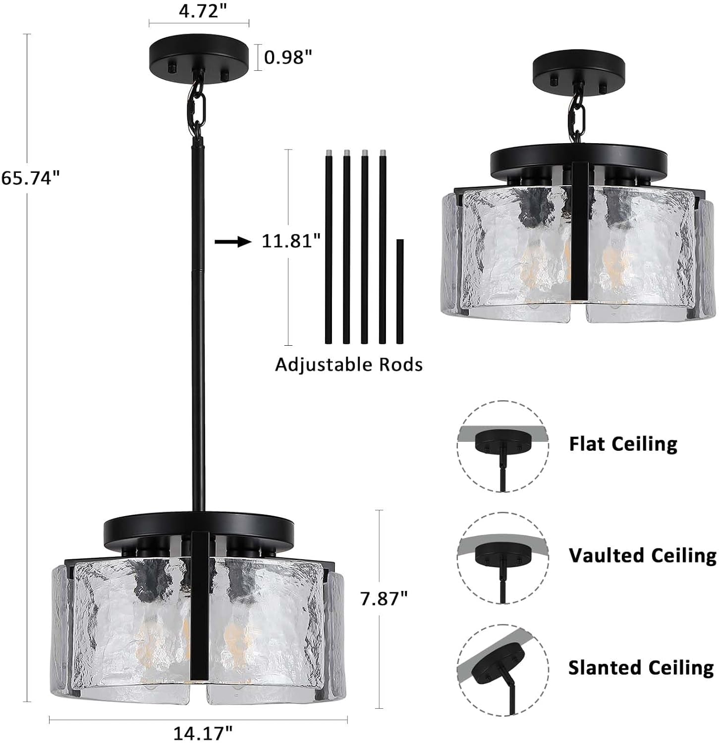 Black Adjustable Farmhouse Chandelier For Dining Room With Hammered Glass-4