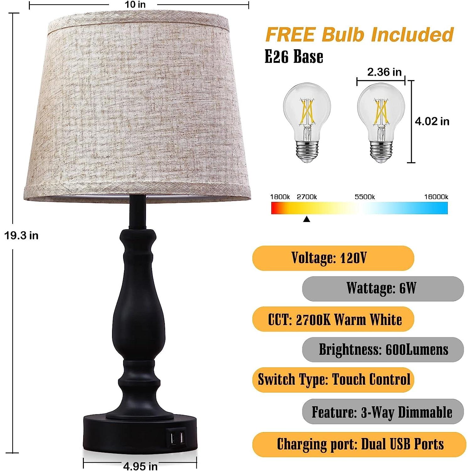 Bedside Table Lamps Set Of 2 With USB Ports And Dimmable