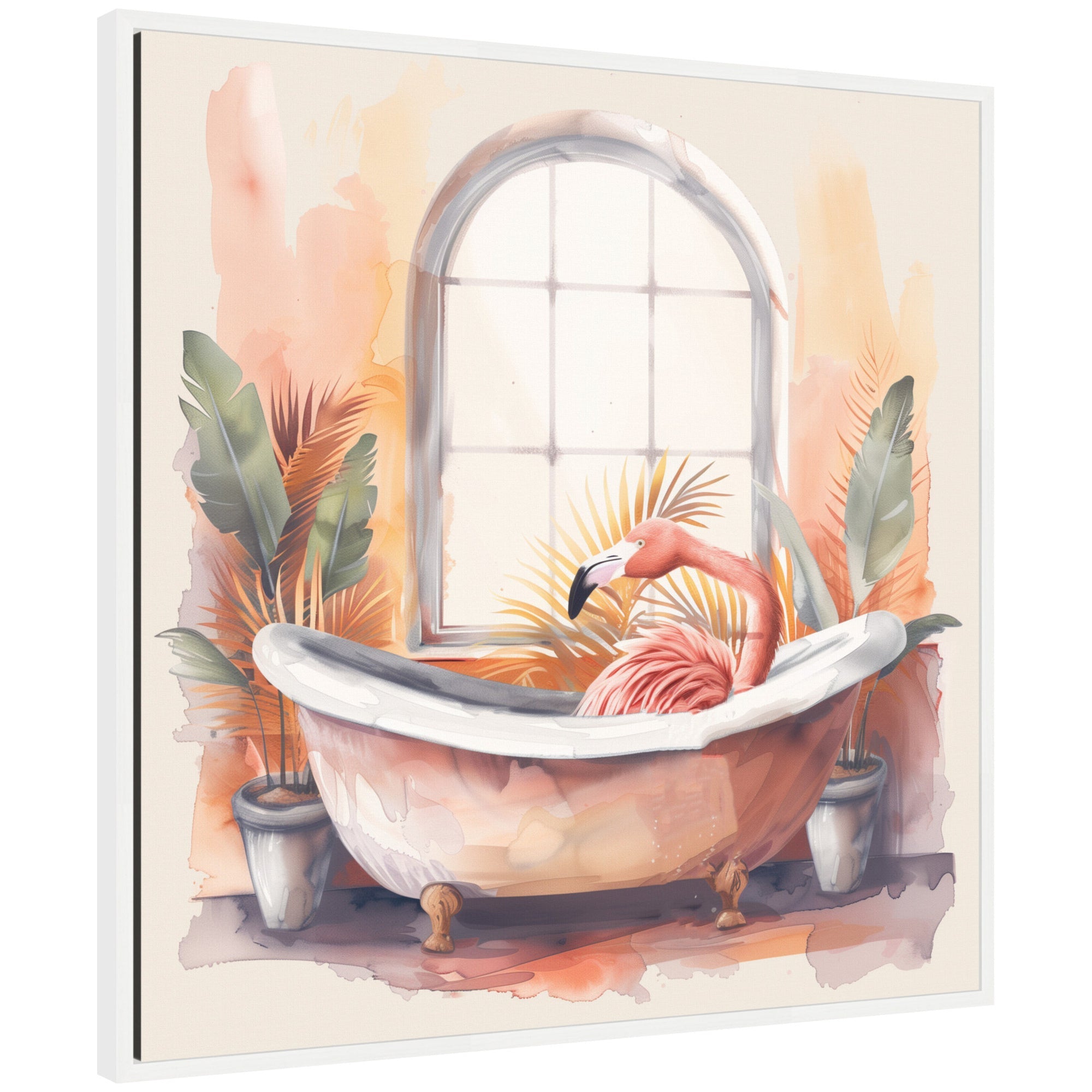 Sylvie Flamingo Bath Pastel Tropical Bathroom Watercolor Framed Canvas by The Creative Bunch Studio