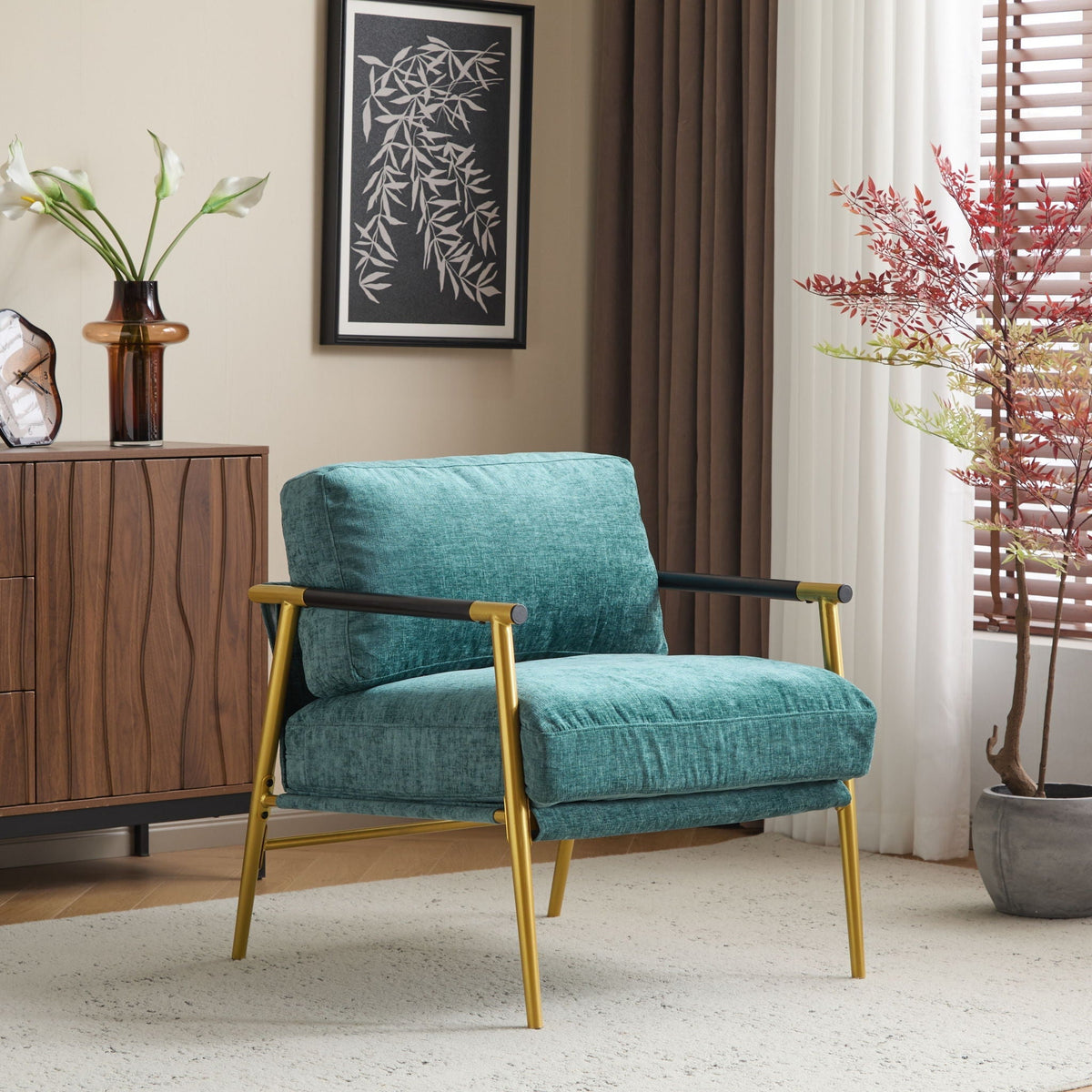 Modern Accent Chair with Plush Cushions and Wooden Armrests - Available in Multiple Colors