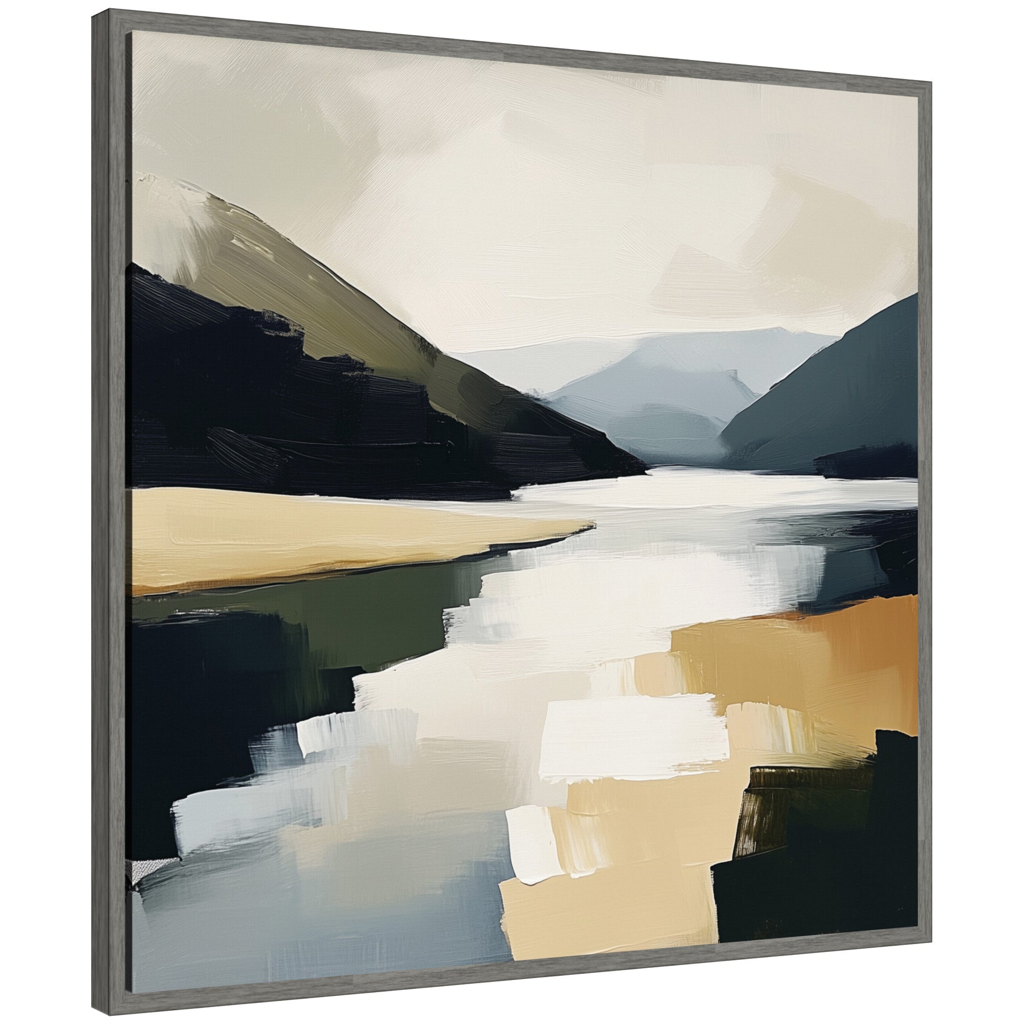 Sylvie Mountain Lake Modern Abstract Landscape Framed Canvas by The Creative Bunch Studio