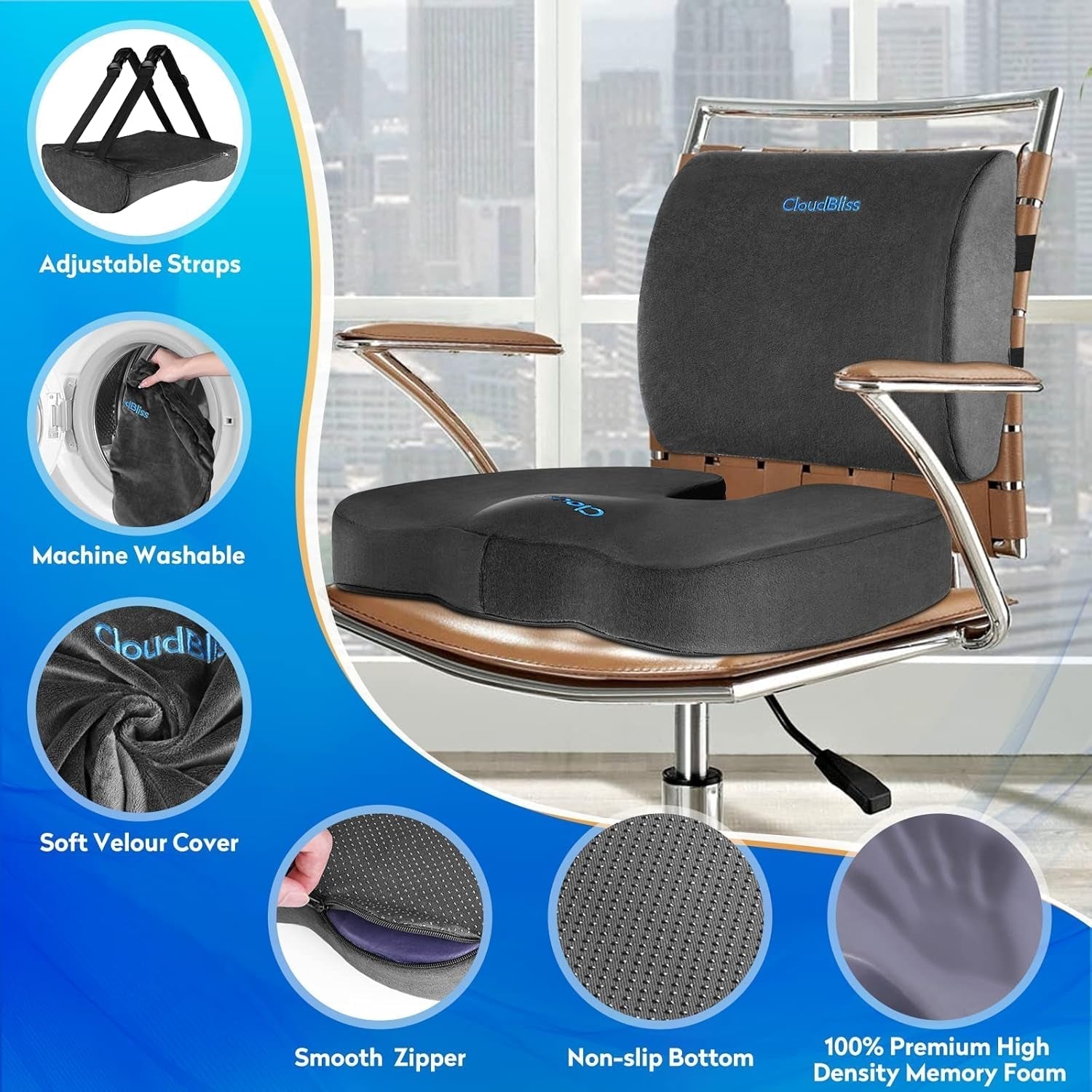 Ergonomic Memory Foam Seat Cushion Grey For Office Chair