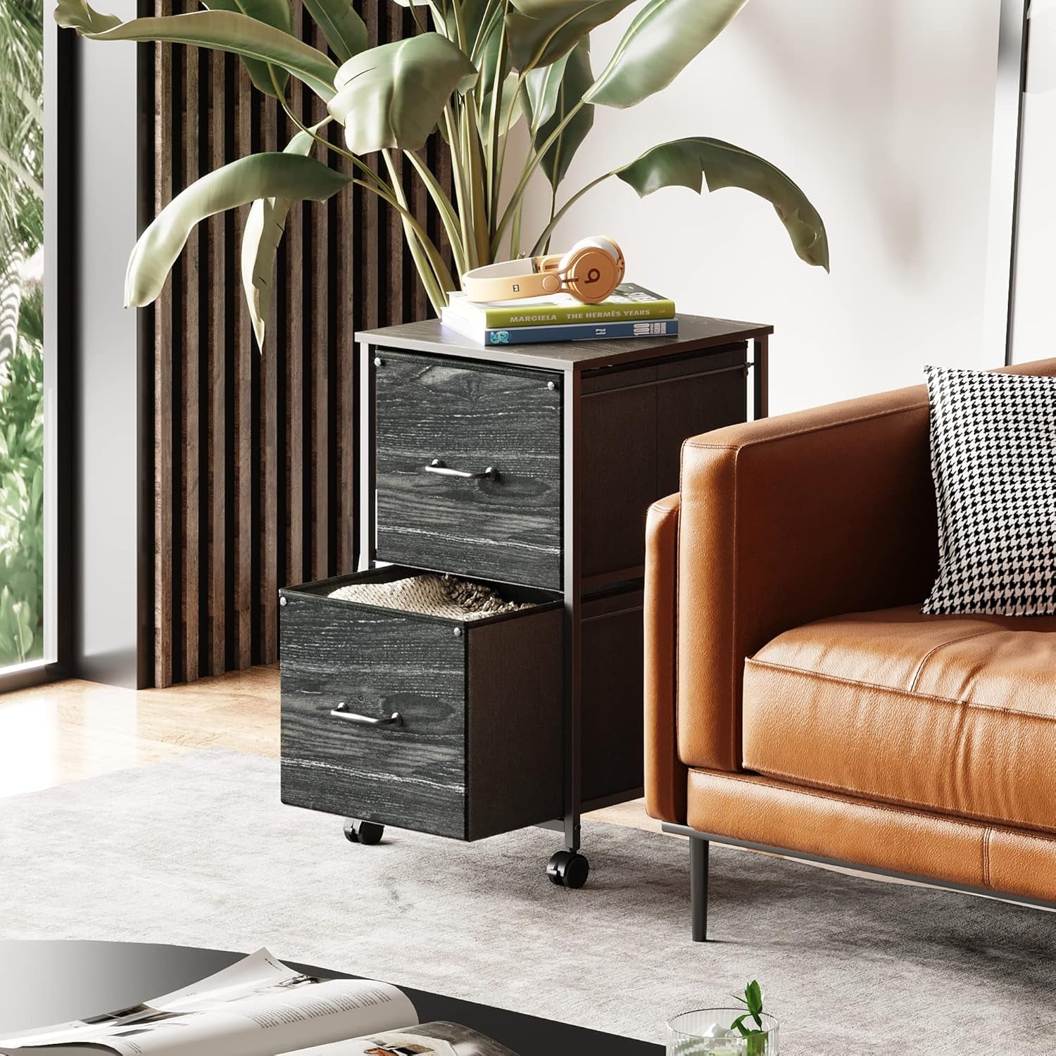 2 Drawer Mobile File Cabinet Rolling Printer Stand Charcoal Black Wood Grain Finish For Home Office