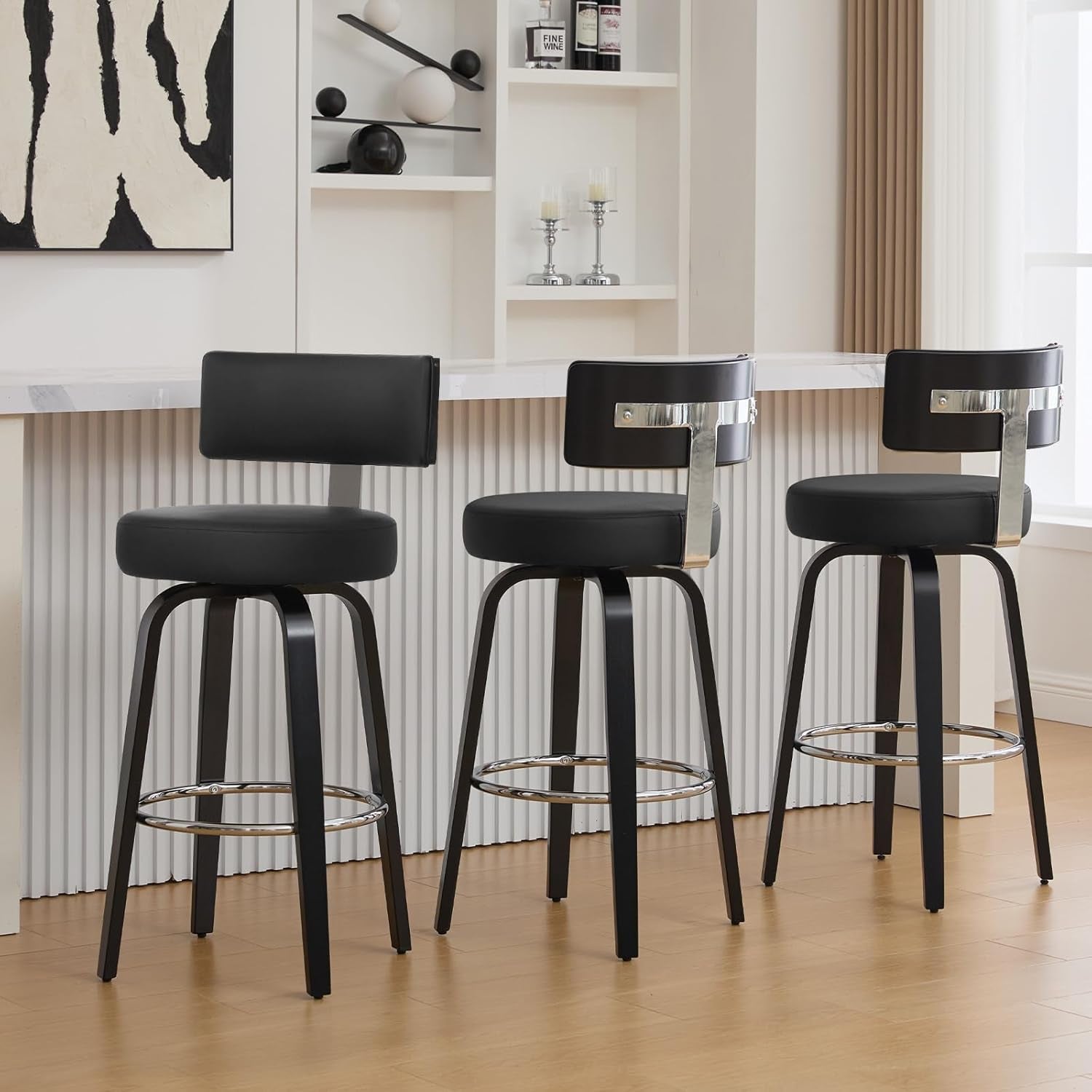 29 Inch Counter Height Black Faux Leather Swivel Bar Stools With Back Set Of 3