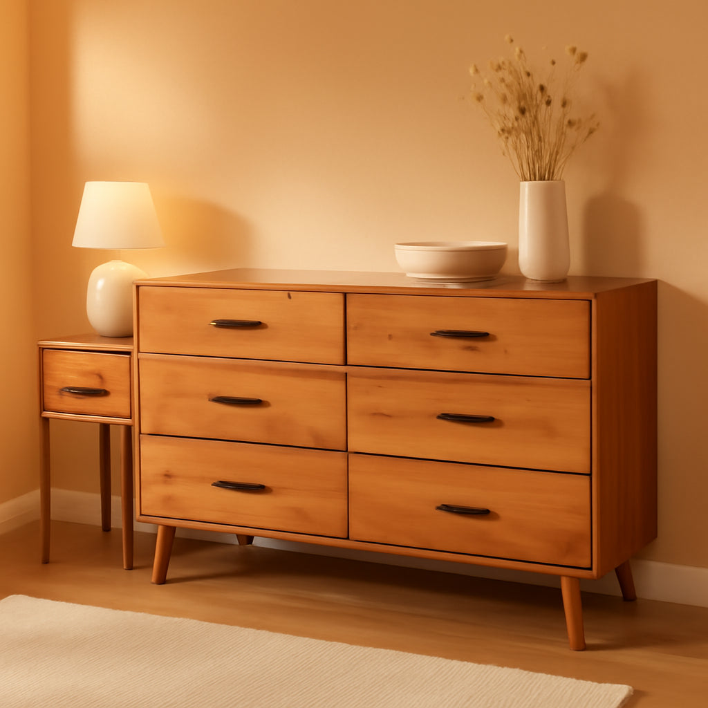 Walker Edision 6-Drawer Dresser In Solid Pine Wood With Metal Handles Caramel