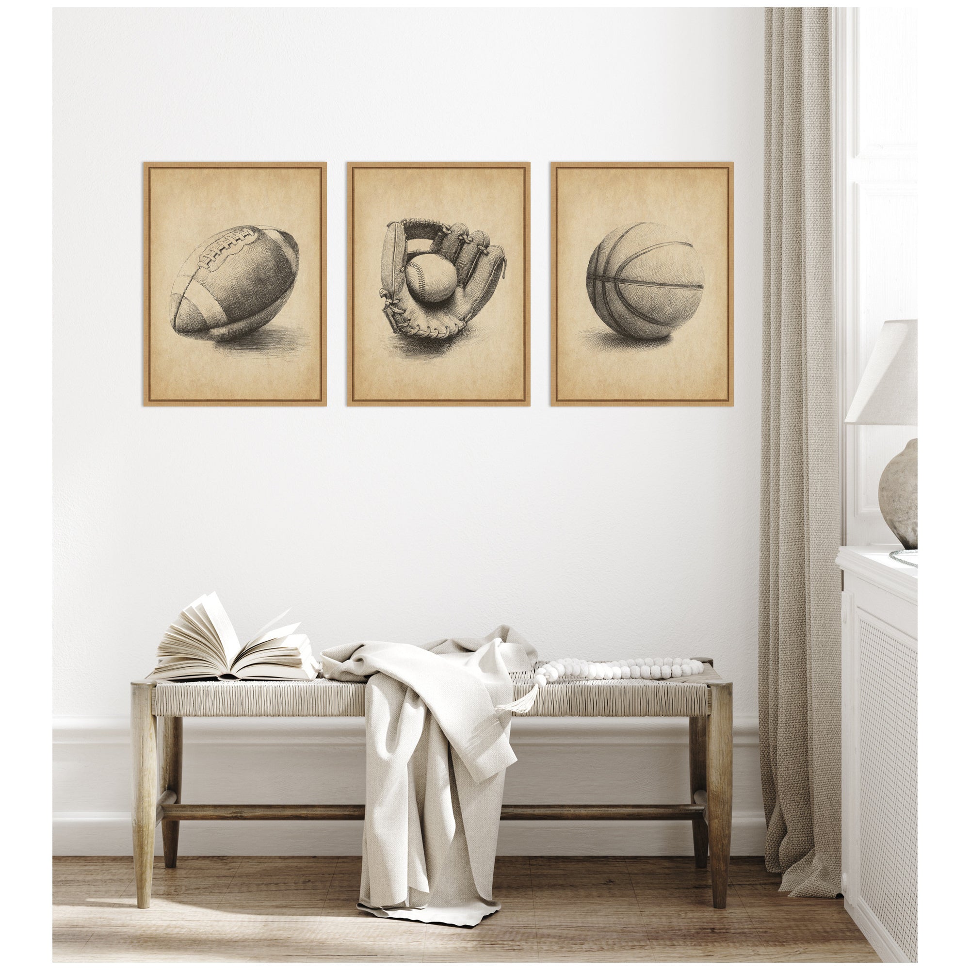 Walnut Antique Football 3 Piece Framed Canvas Wall Art Set by The Creative Bunch Studio