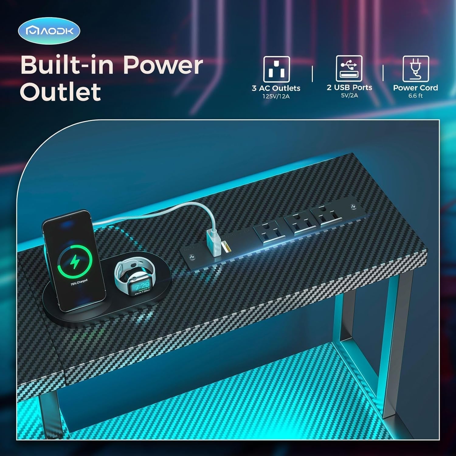 48 Inch LED Gaming Desk With Power Outlet And Shelves