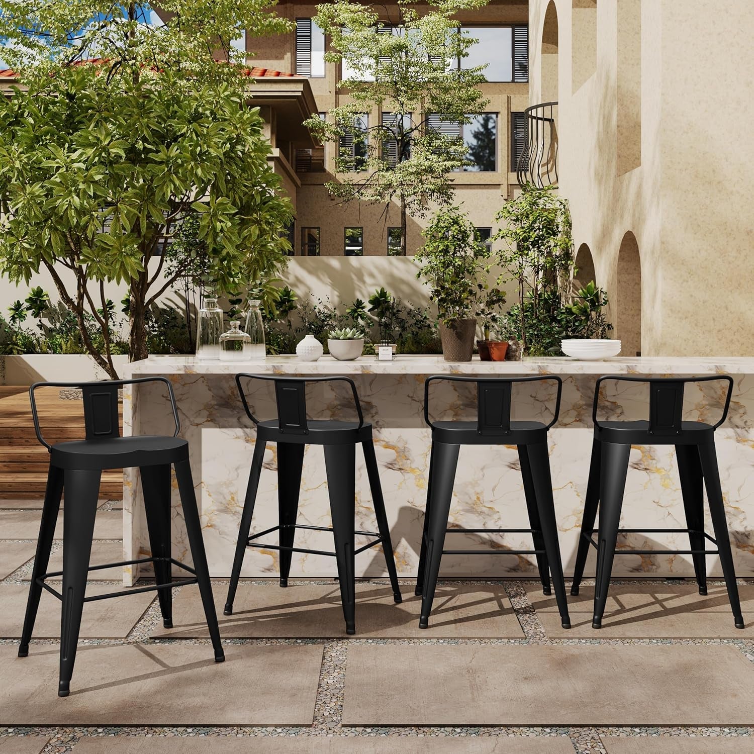 24 Inch Black Outdoor Metal Bar Stools Set of 4 Counter Height Large Ergonomic Seats