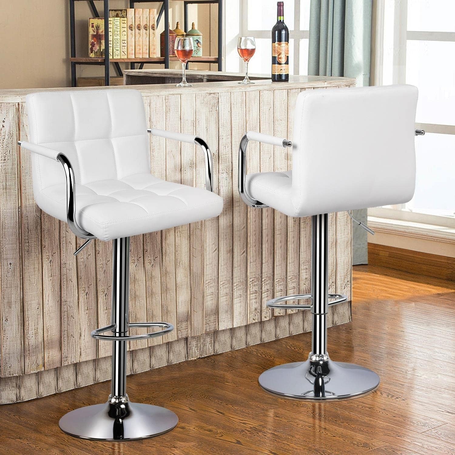 White PU Leather Adjustable Swivel Bar Stools Set of 2
