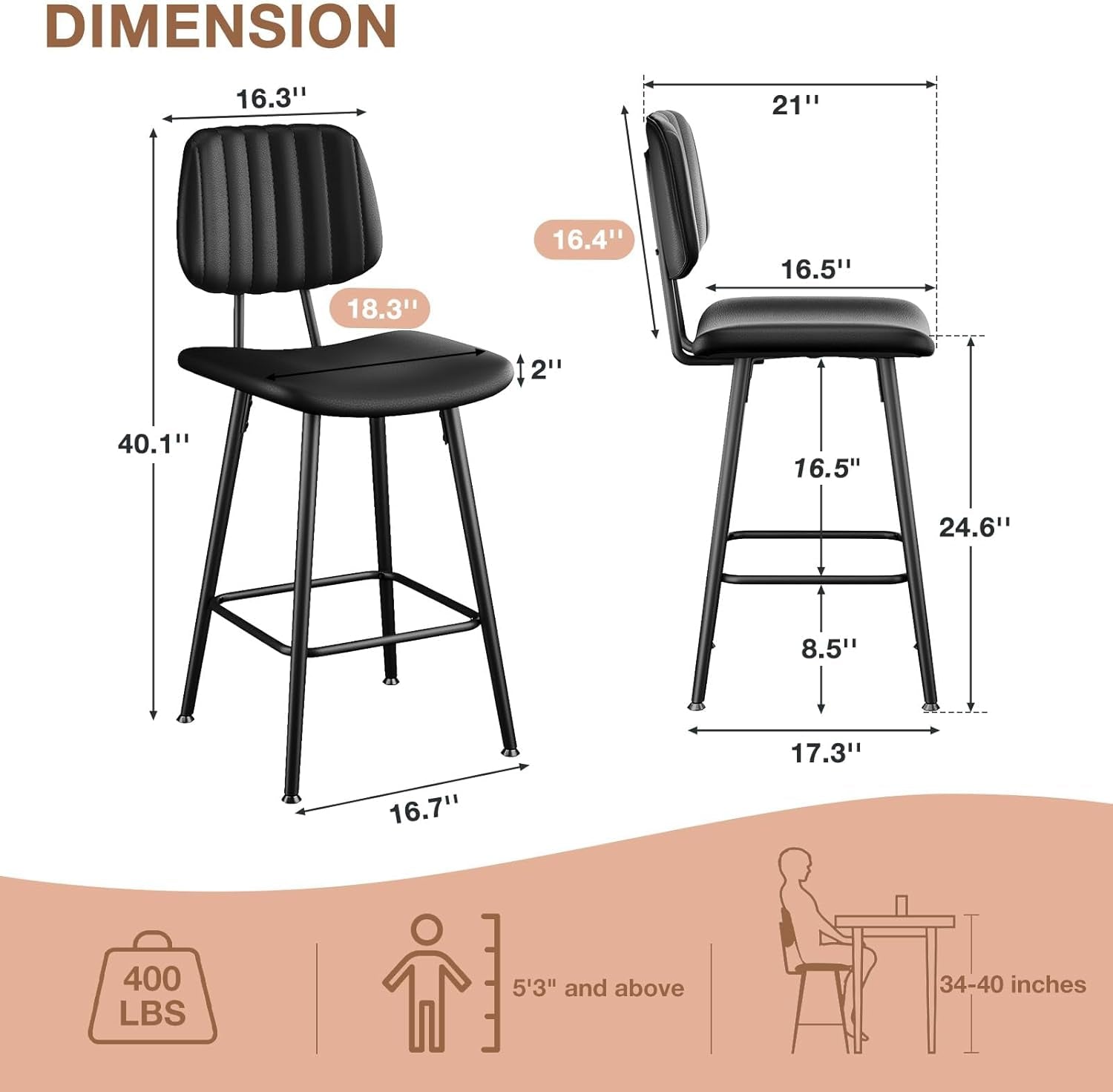 Bar Stools Set 2 24.6In Counter Height Black Faux Leather
