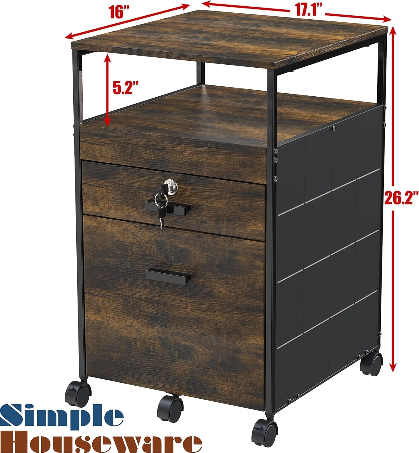 Rolling Mobile File Cabinet Drawers Open Shelf Rustic Brown