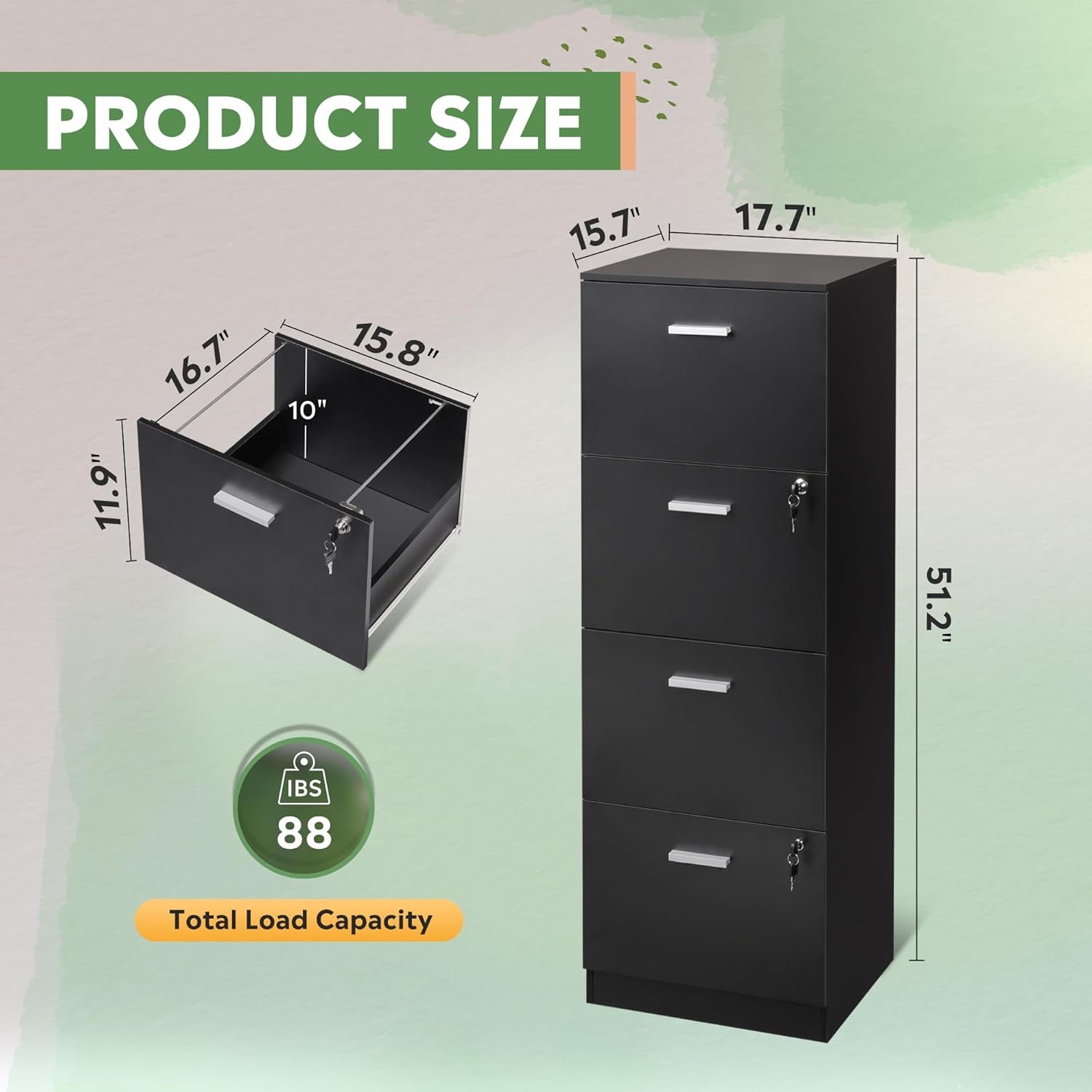 4 Drawer Locking File Cabinet For A4 And Letter Files Black Wood