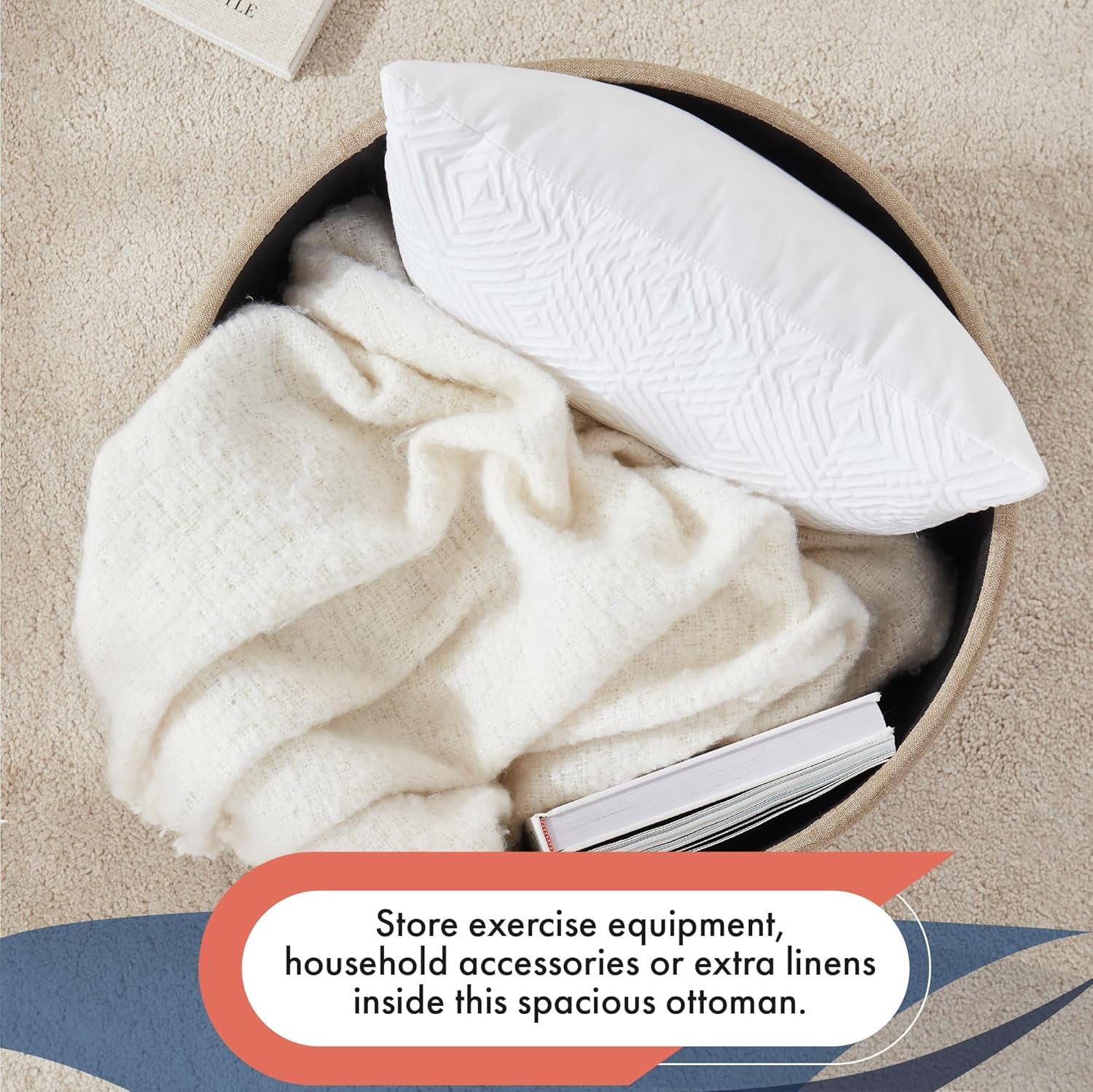 Linen Beige Round Storage Ottoman Living Space Bundle