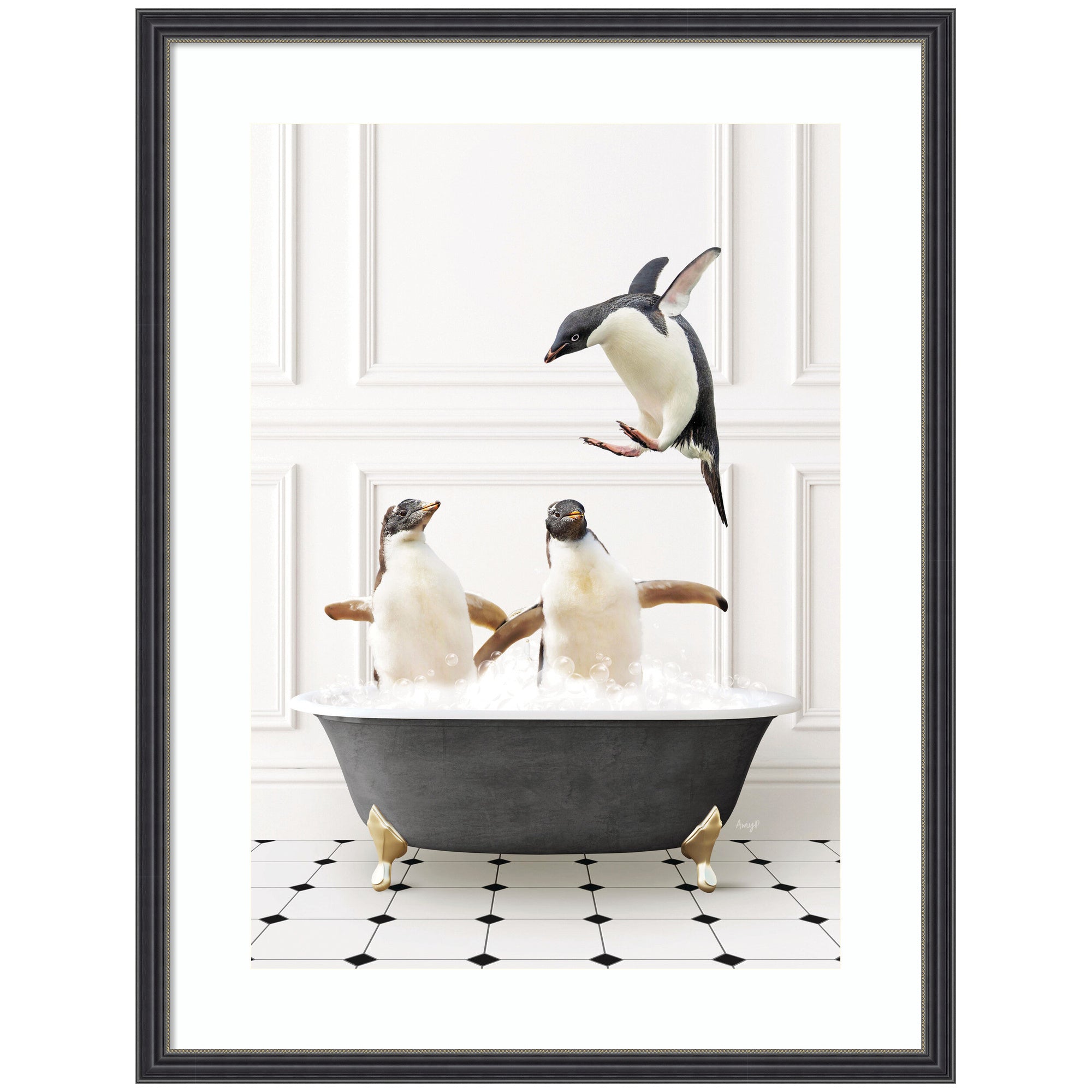 Penguins in Classic Black and White Bath by Amy Peterson Framed Wall Art Print