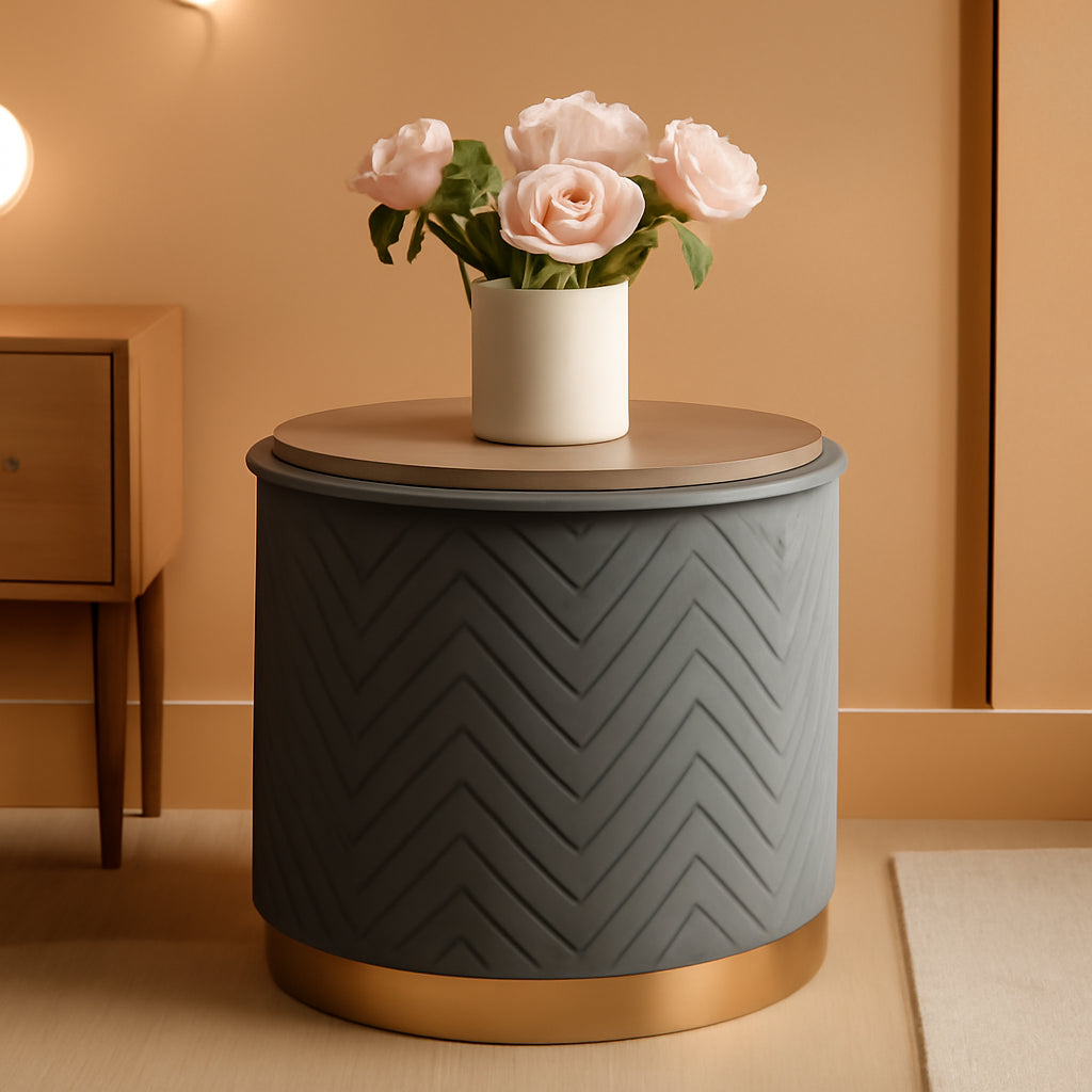 Grey Velvet Circular Storage Ottoman Golden Accents