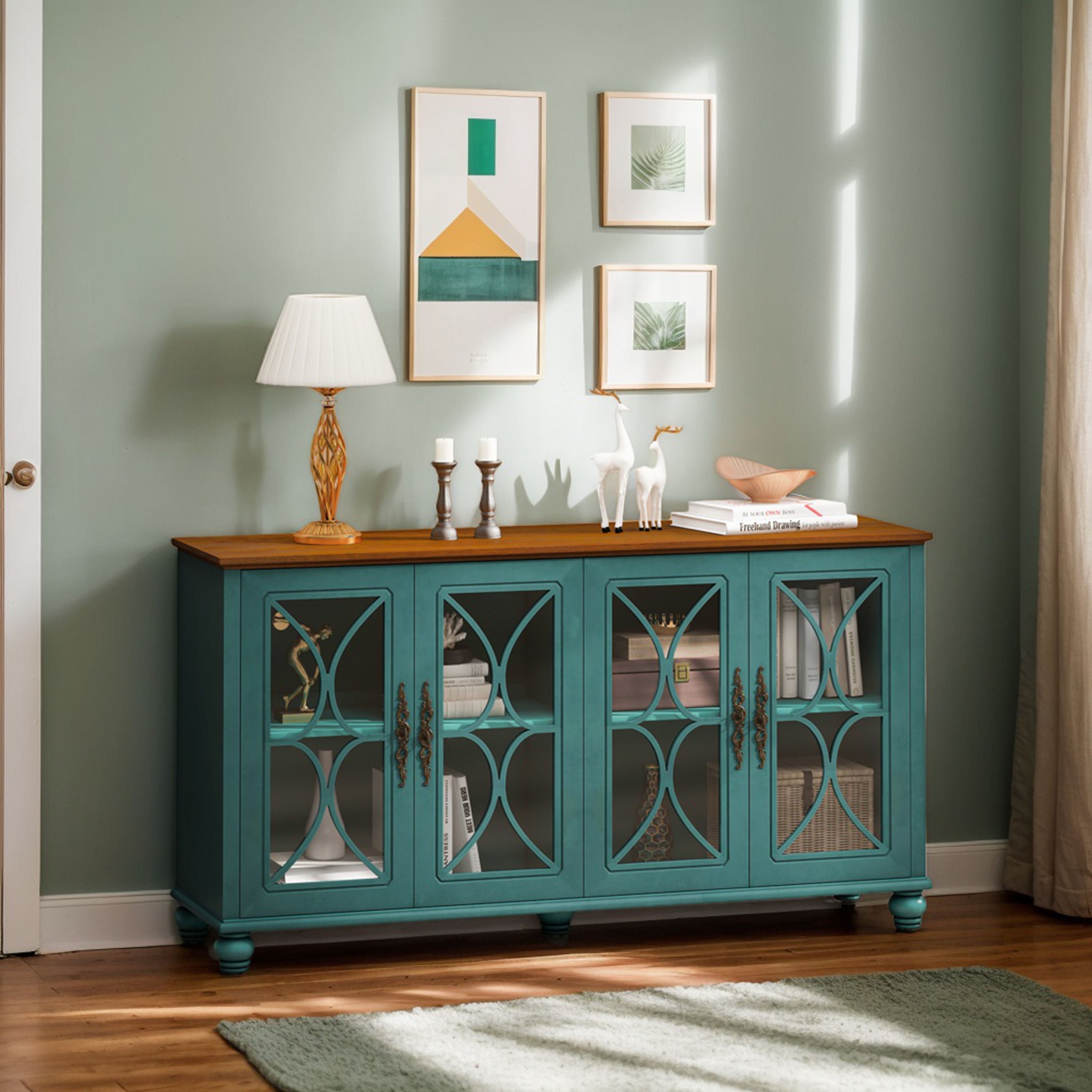 Elegant European Antique Style 4-Door Cabinet with Tempered Glass Doors