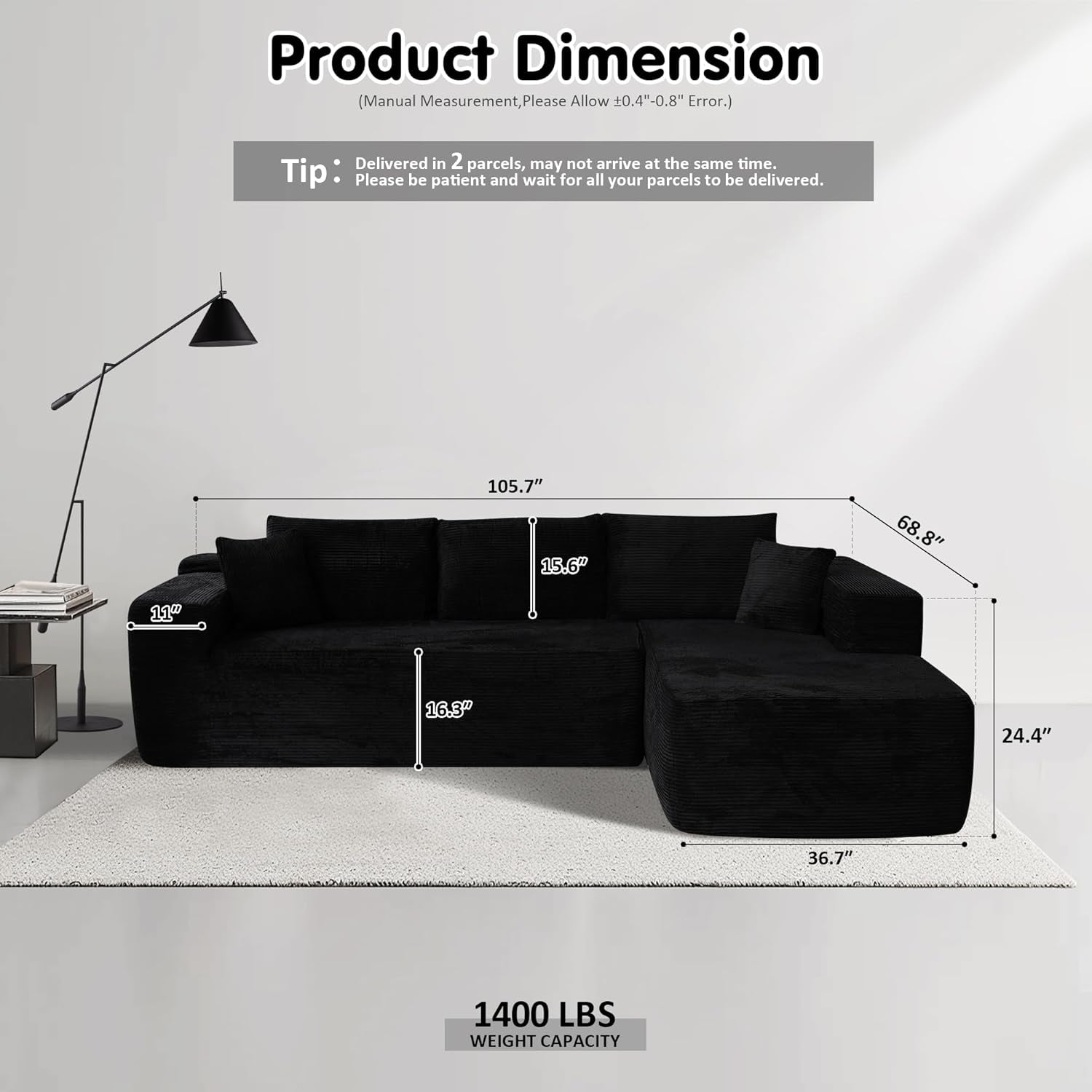 104 Inch Black Corduroy L Shaped Sectional Sofa Deep Set Upholstered Modular Couch No Assembly