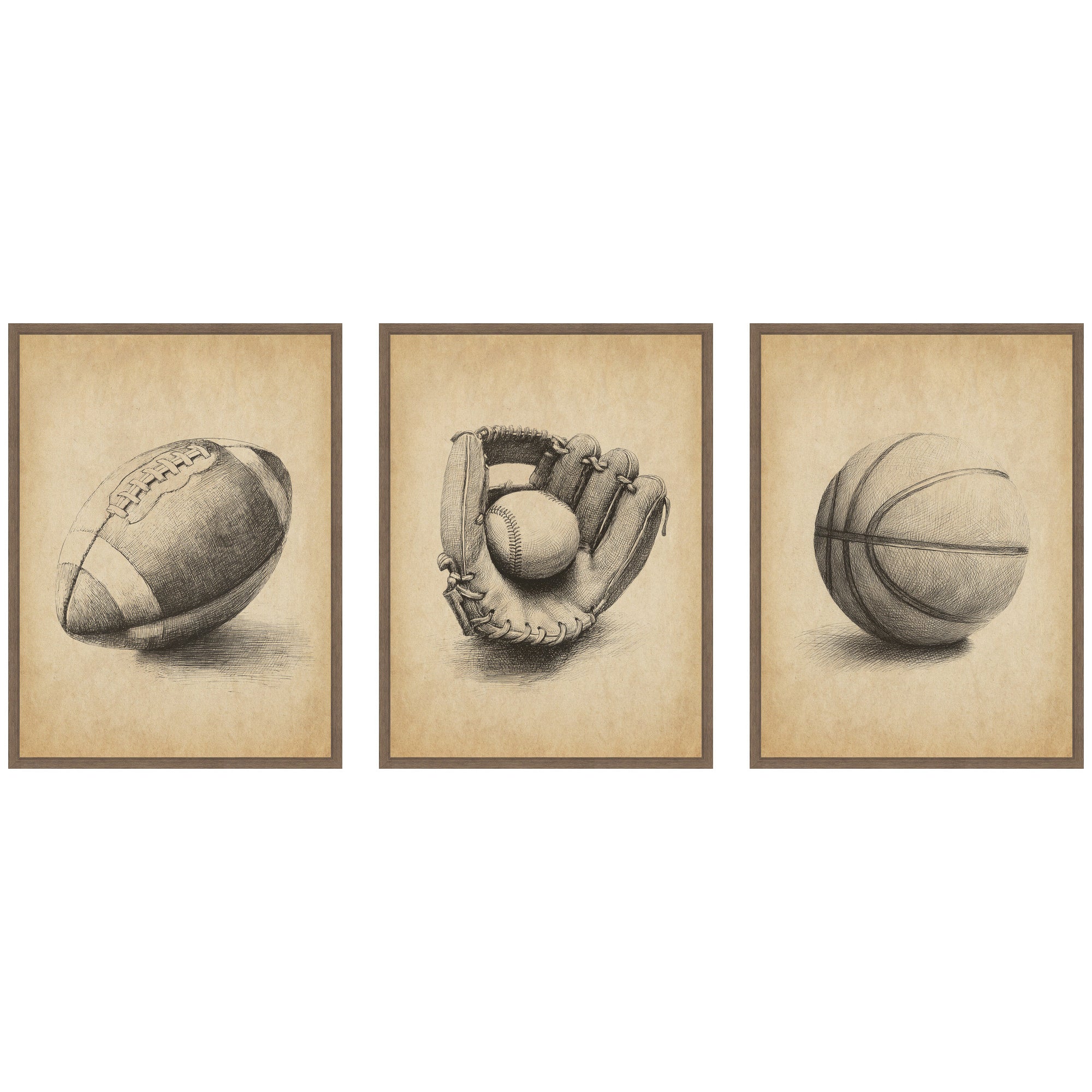 Walnut Antique Football 3 Piece Framed Canvas Wall Art Set by The Creative Bunch Studio