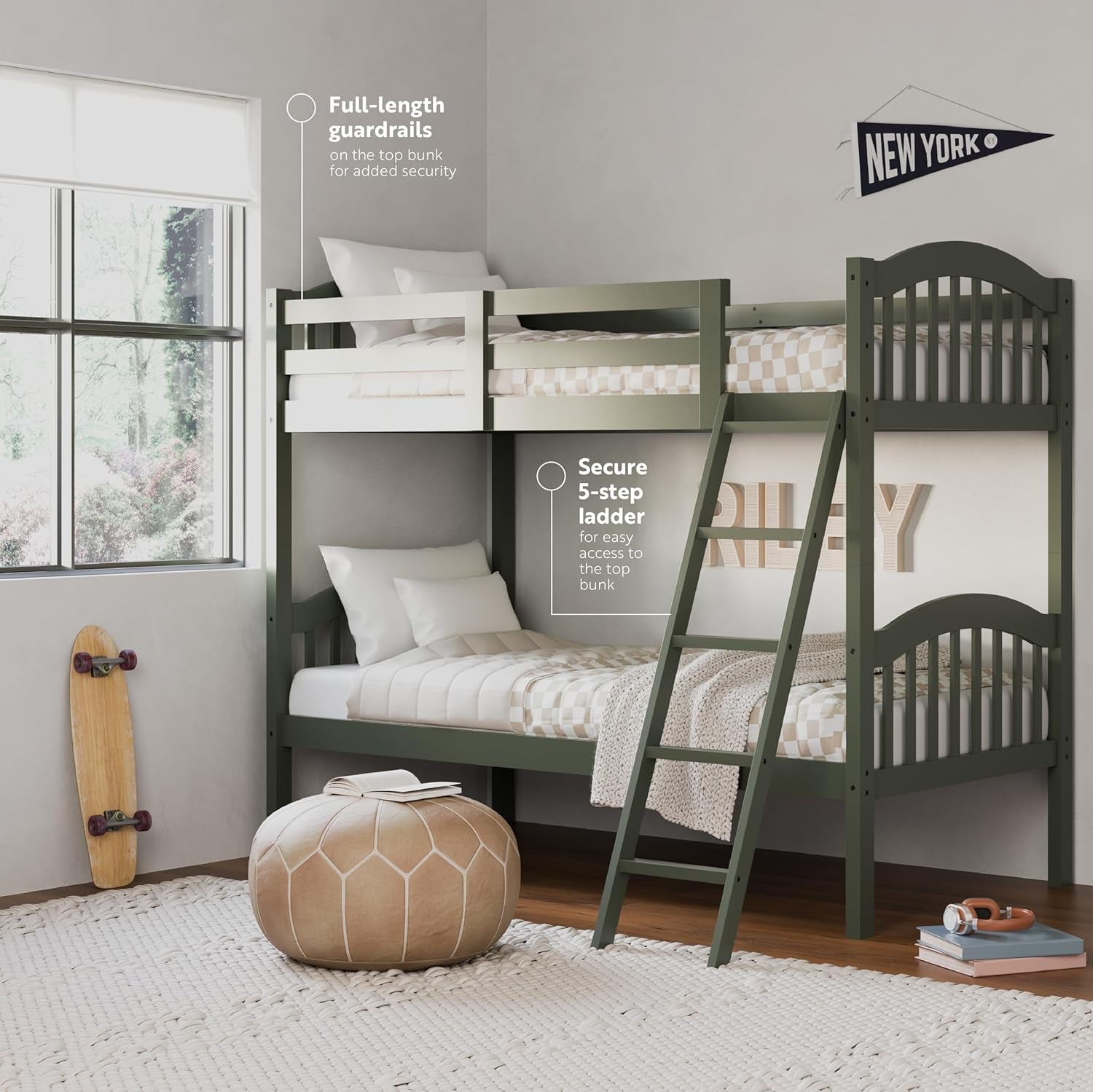 Olive Twin Over Twin Bunk Bed Converts To Two Beds