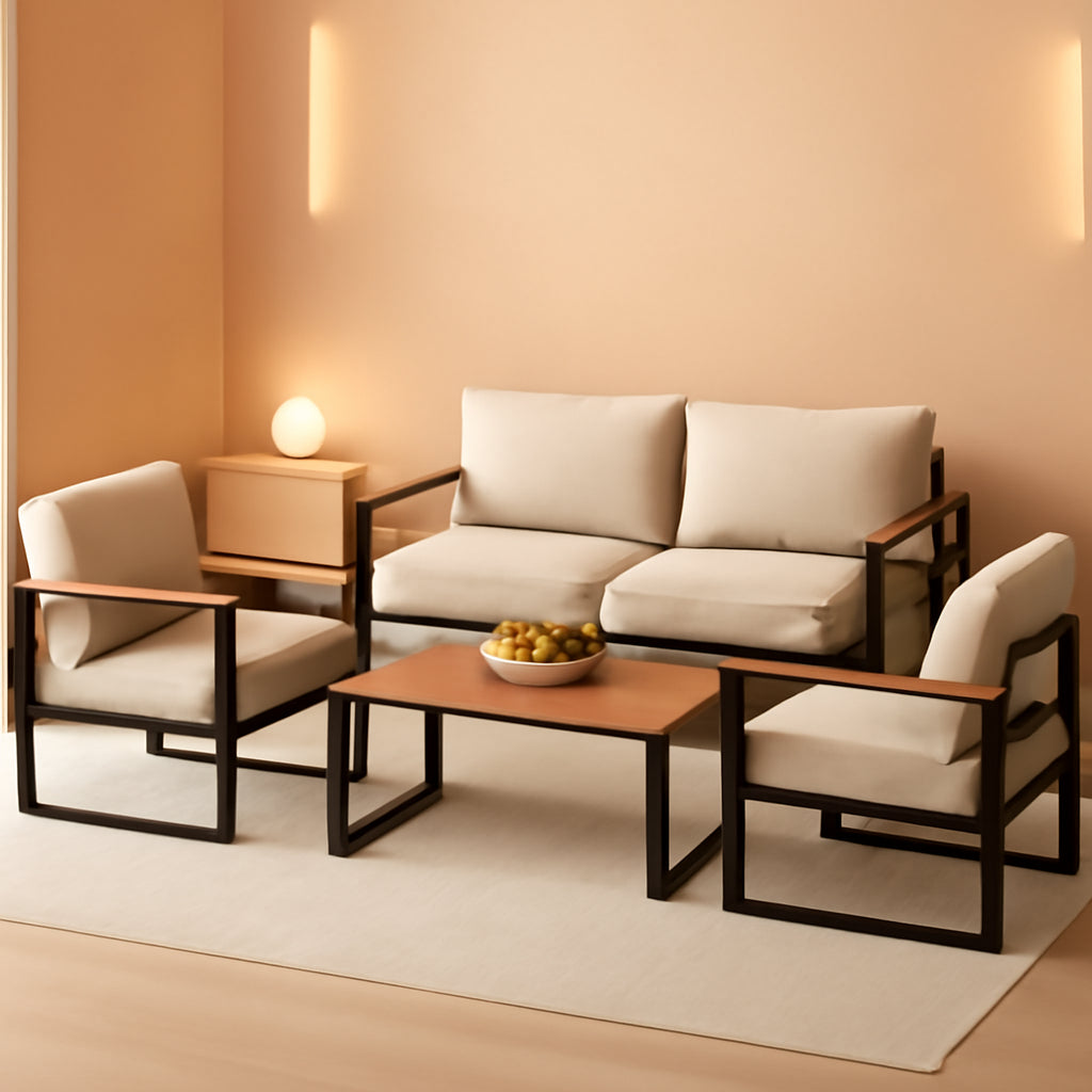 4 Piece Patio Set With Coffee Table Beige Metal Frames And Washable Cushions