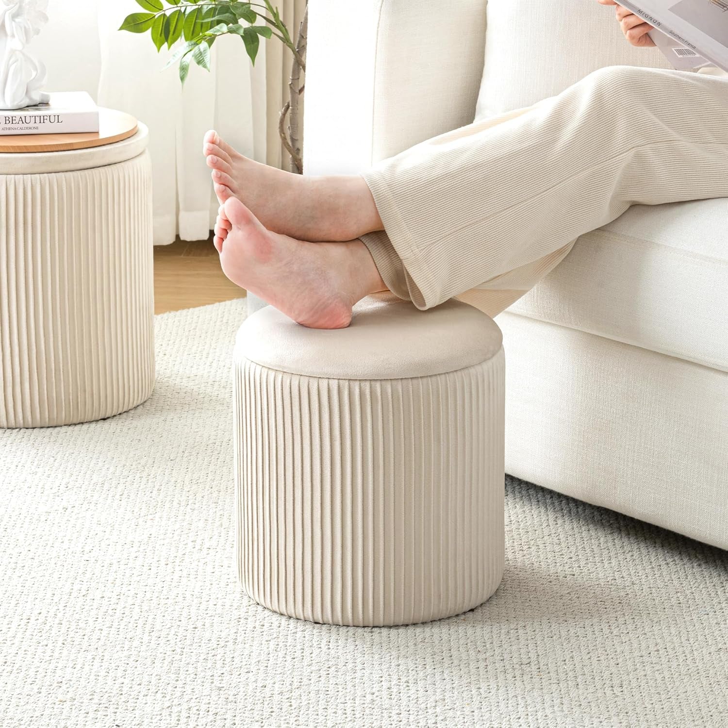 Beige Velvet Storage Ottoman With Hidden Compartment