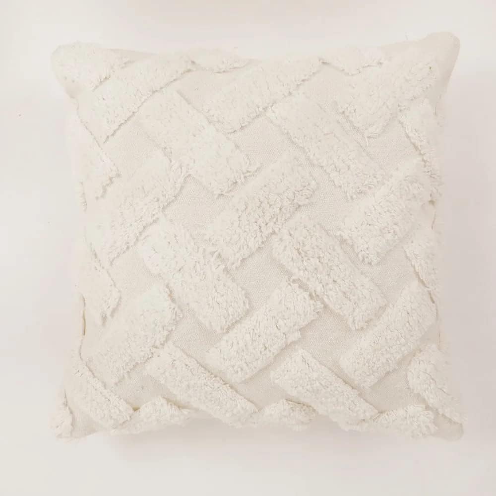 Handmade White Tufted Cotton Cushion Cover 16x16 inches (40x40 cm) - UK Organic Habitat-1