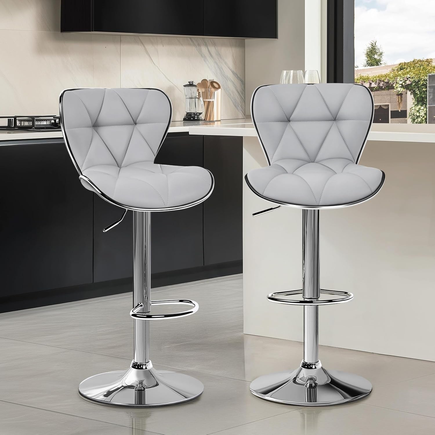 Bar Stools Set Of 2 Adjustable Swivel PU Leather Light Grey