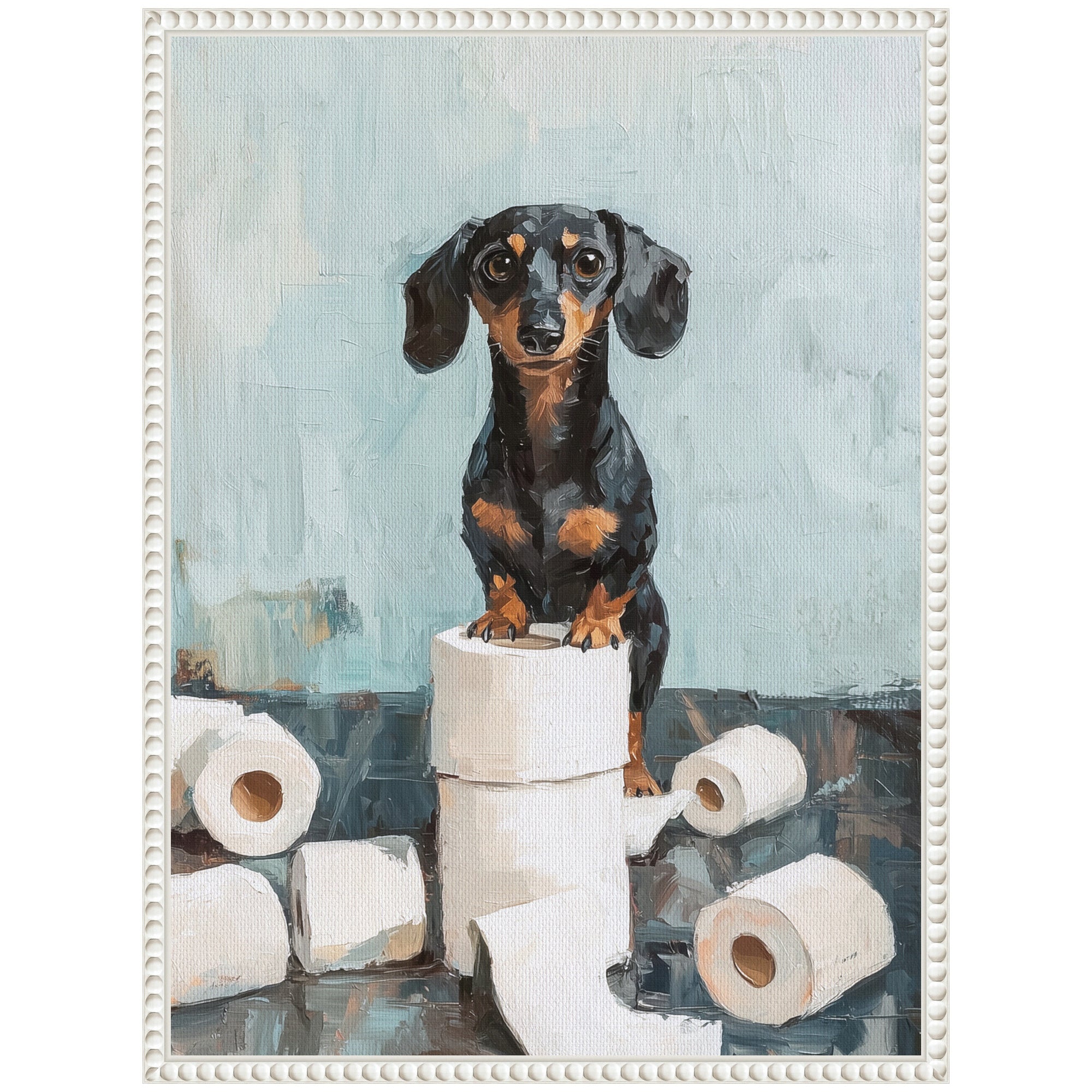 Sylvie Cute Dachshund Dog Toilet Paper Rolls Blue Teal Bathroom Art Framed Canvas by The Creative Bunch Studio