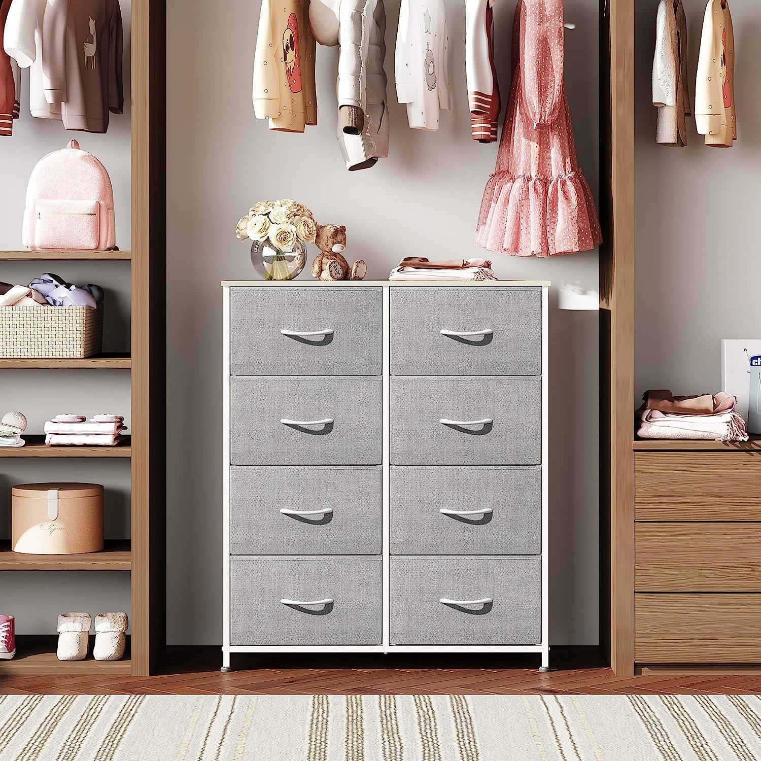 Fabric Storage Tower With 8 Drawers Light Grey Bedroom
