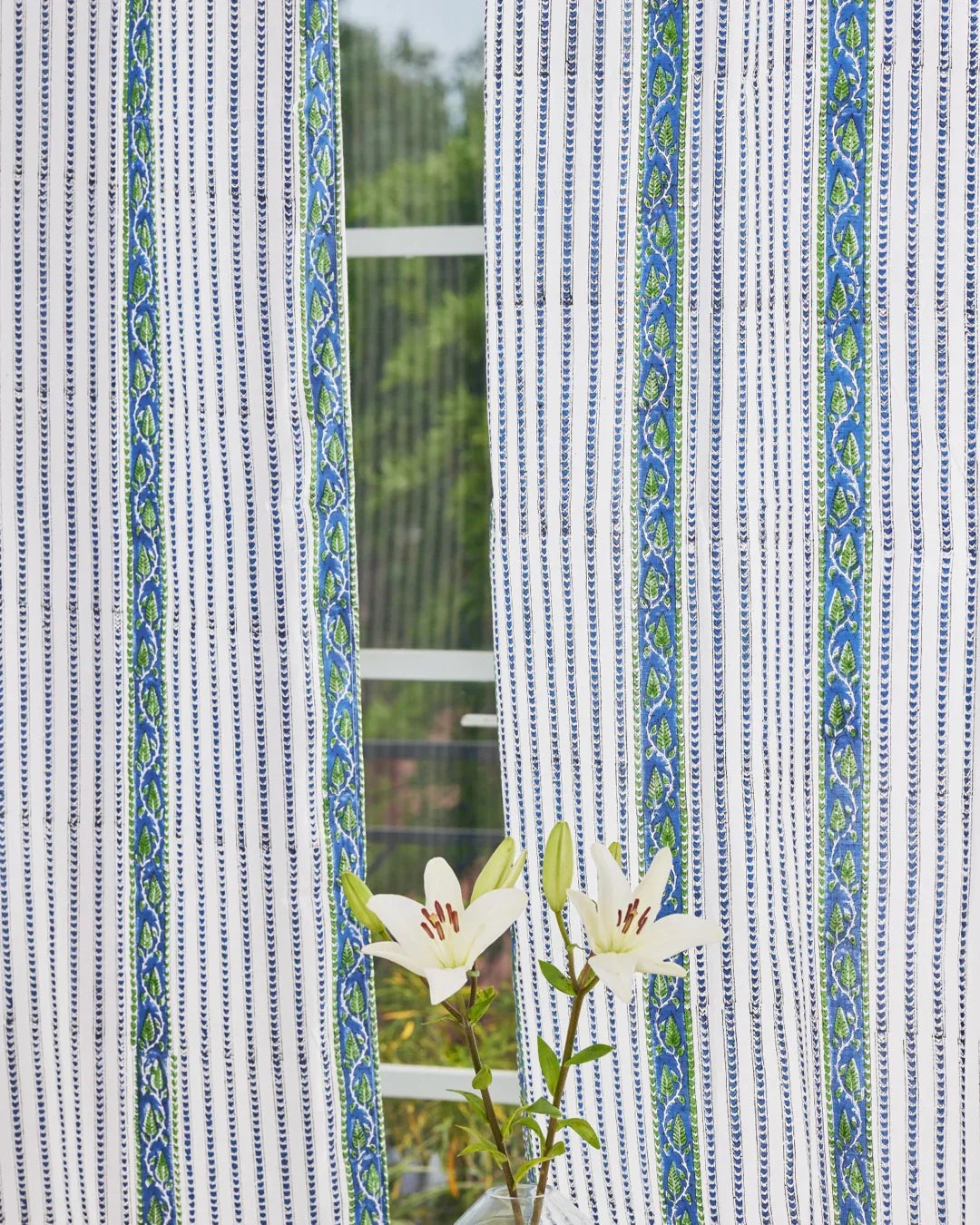 White & Blue Hand Block Printed Linen Curtains | Leaf & Stripe Design-3