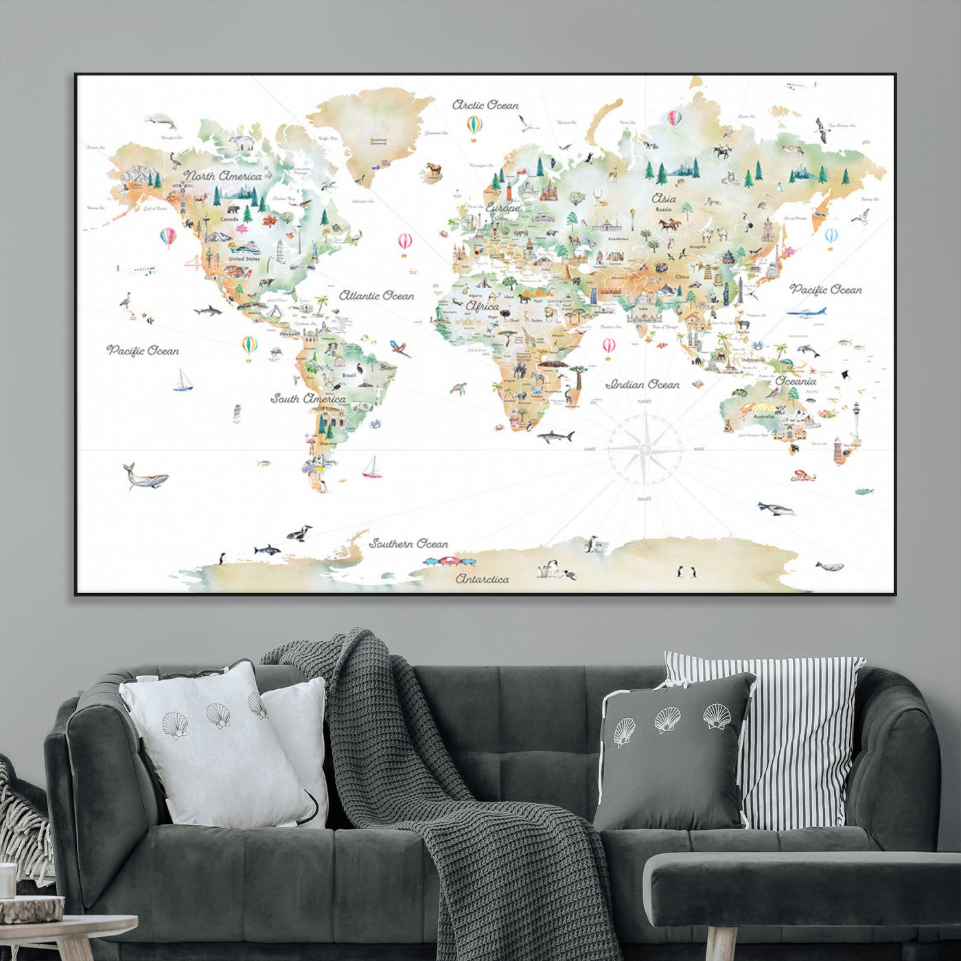 Animal World Map for Kids Room Decor