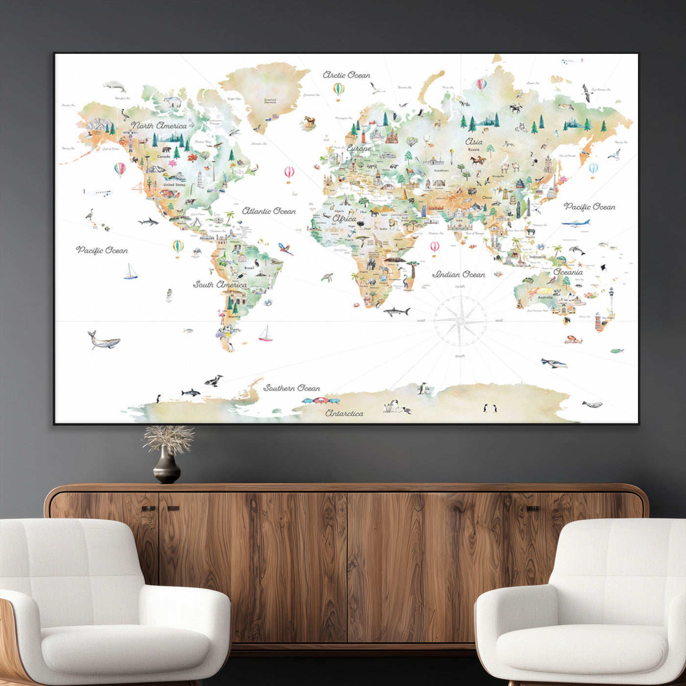 Animal World Map for Kids Room Decor
