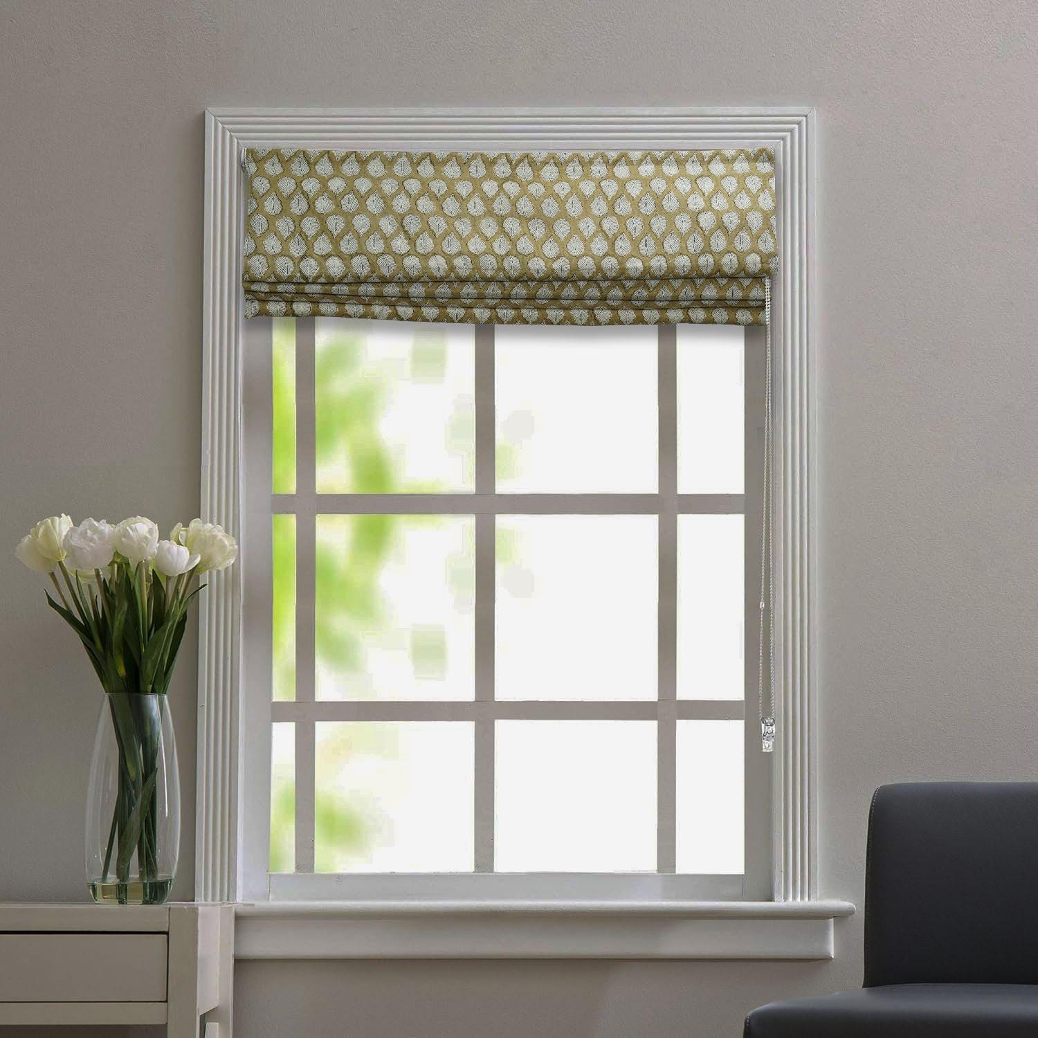 Handmade Green Floral Linen Roman Shade - Panchi