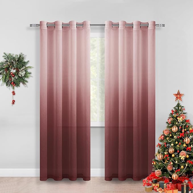 DWCN Faux Linen Ombre Sheer Curtains, Set of 2 Panels-7