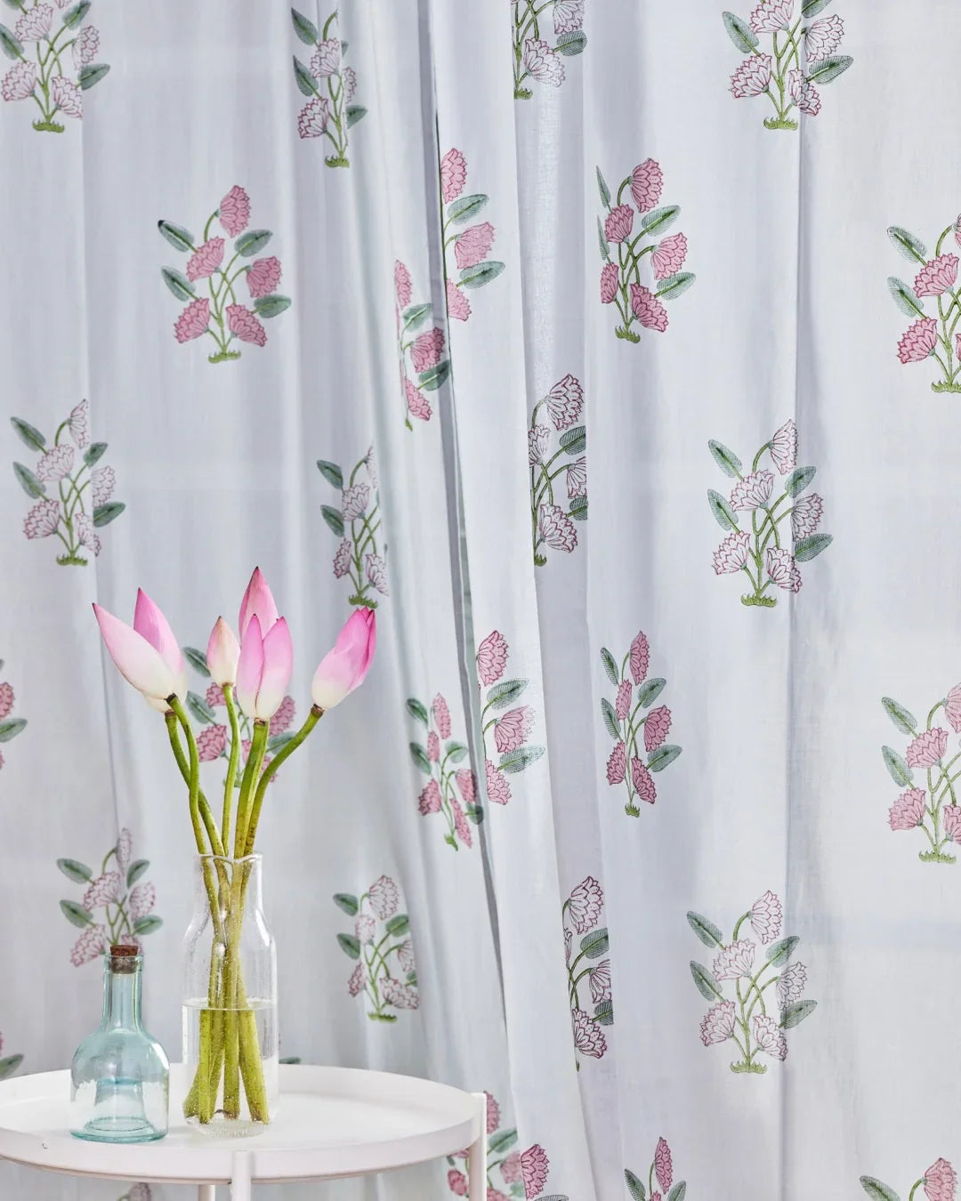 Light Grey & Pink Hand Block Printed Linen Curtains | Lotus Flower Design-1