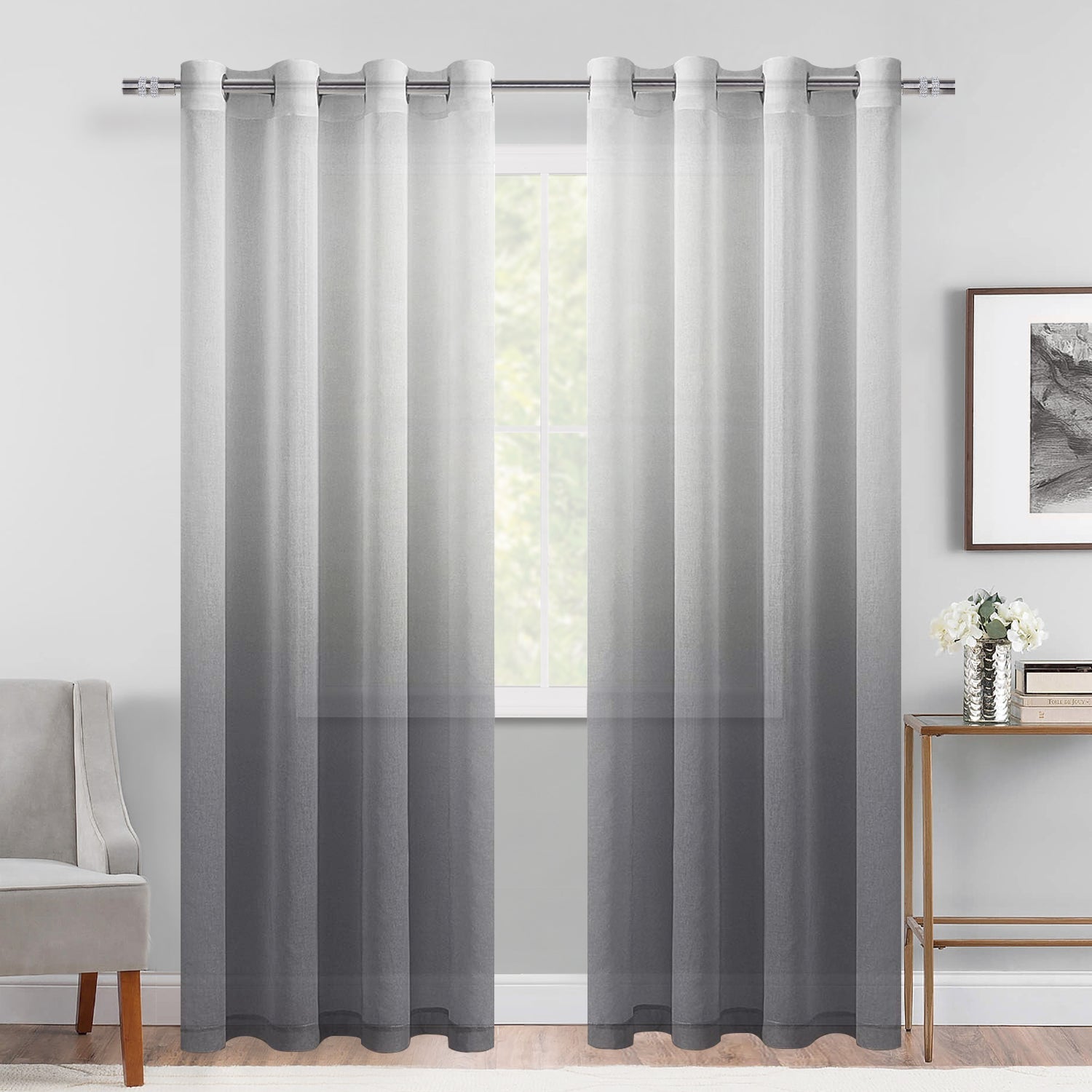 DWCN Faux Linen Ombre Sheer Curtains, Set of 2 Panels-12