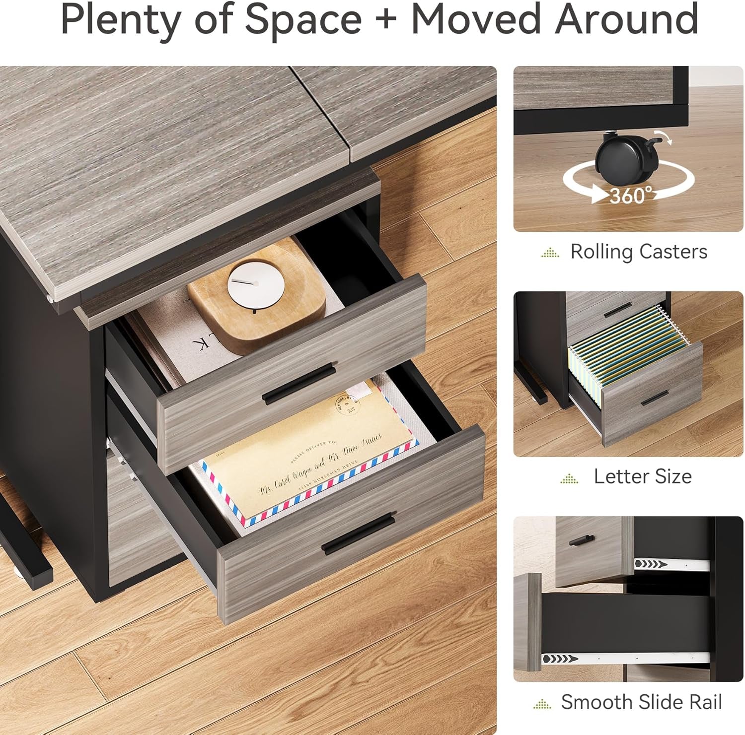 83in Gray Farmhouse L Shaped Desk With Mobile File Cabinet