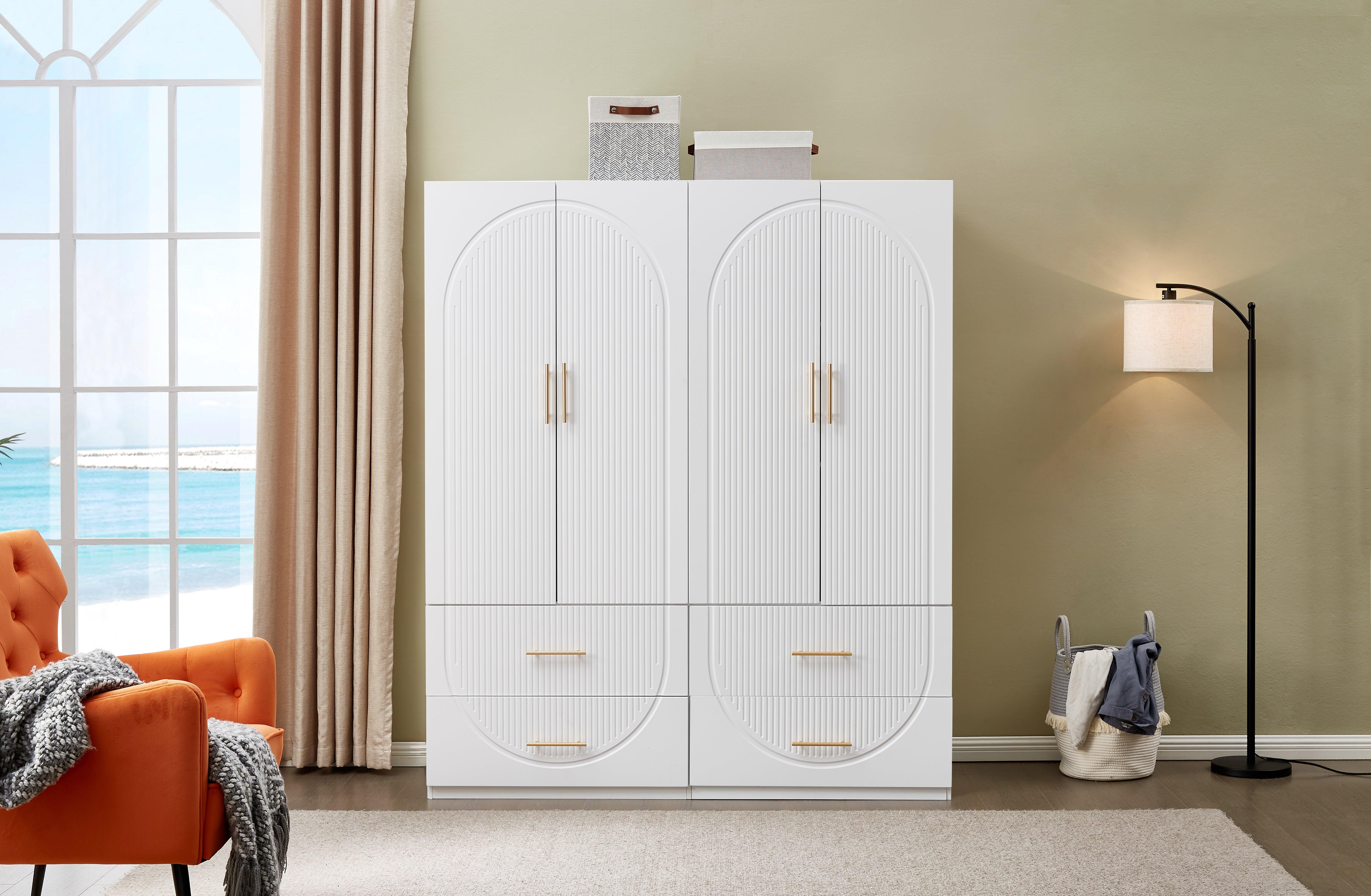 74.2'' H 4-Door White Wooden Armoire Wardrobe | Freestanding Storage Closet with Gold Handles, Hanging Rod, Shelves & Drawers - PRHOMZ