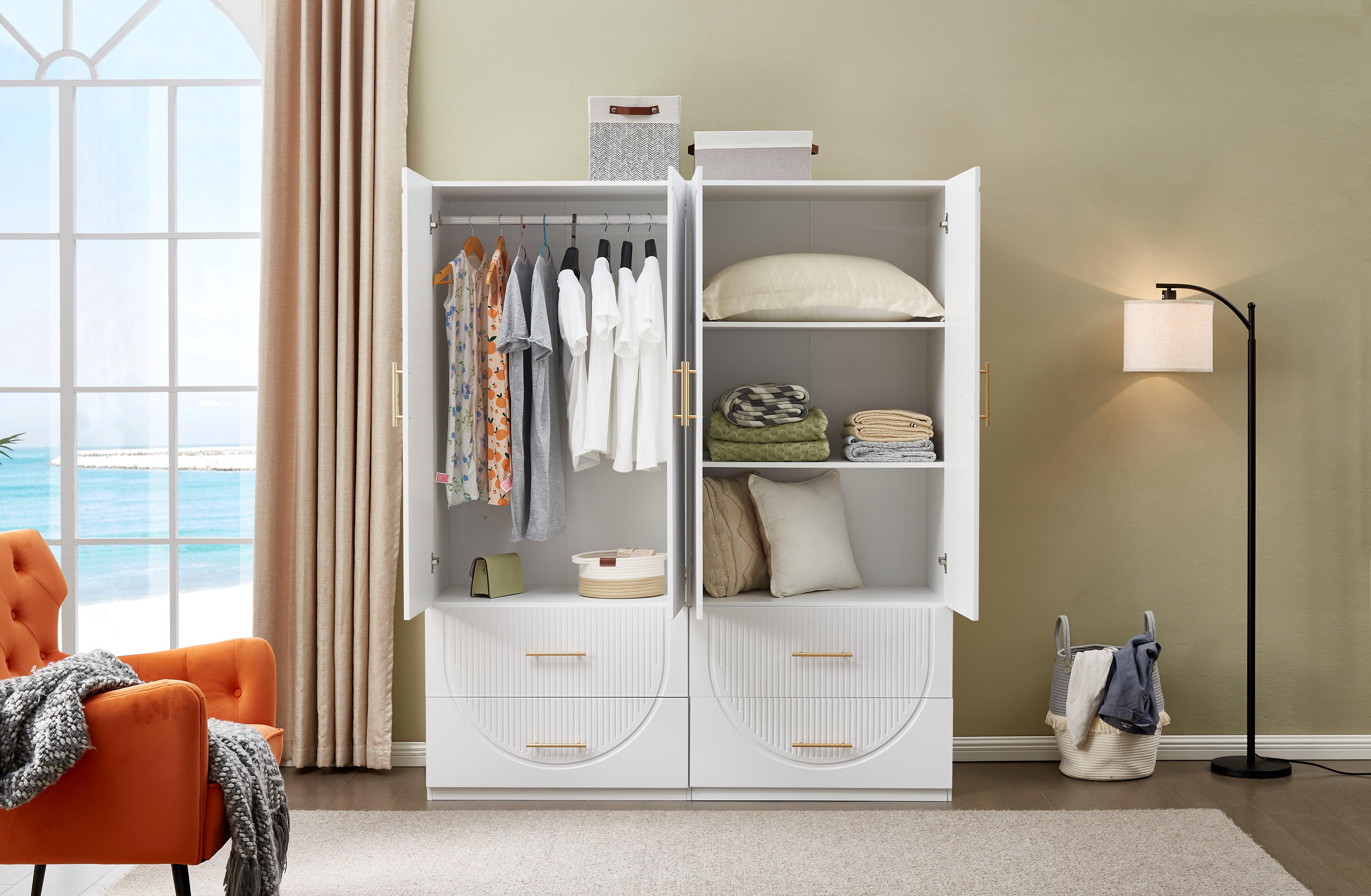 74.2'' H 4-Door White Wooden Armoire Wardrobe | Freestanding Storage Closet with Gold Handles, Hanging Rod, Shelves & Drawers - PRHOMZ