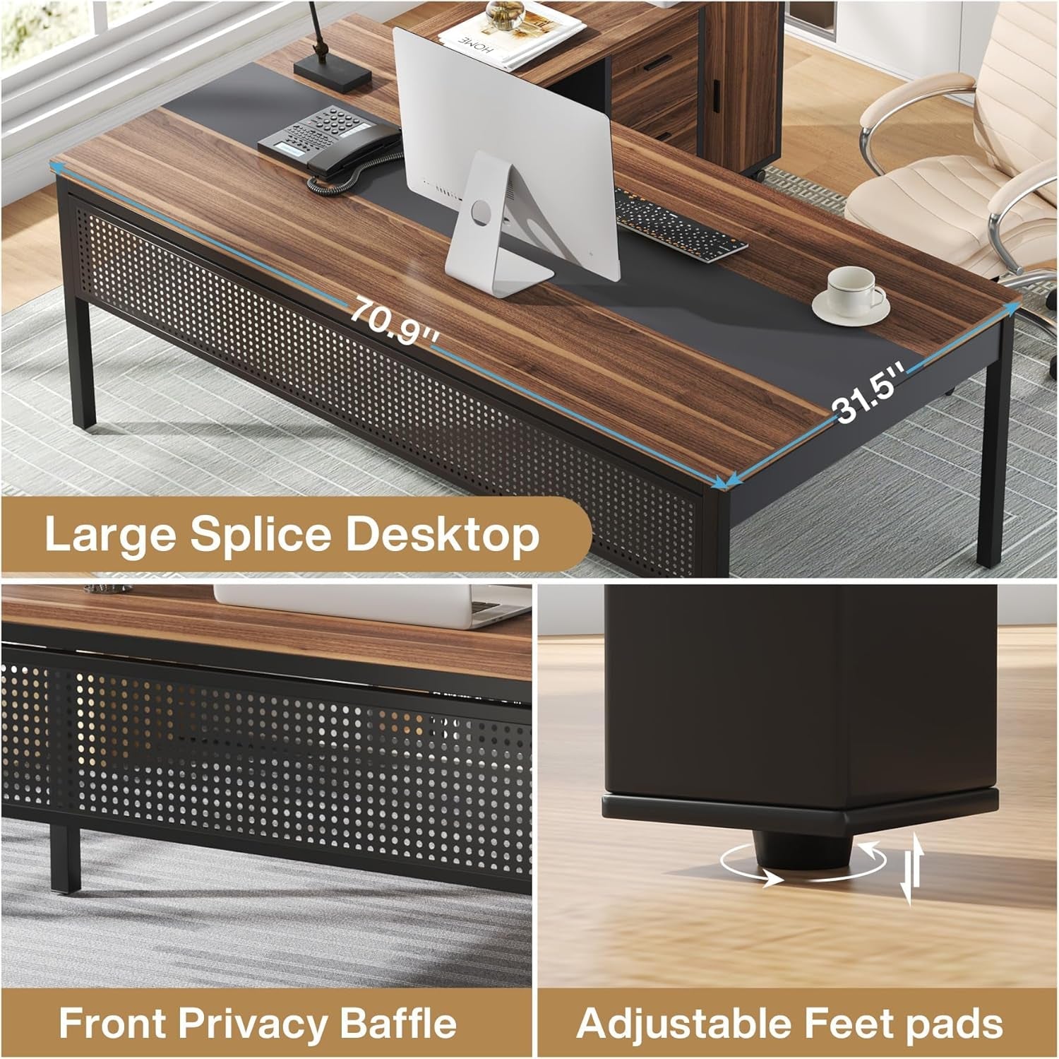 71 Inch Walnut Executive L Shaped Desk With File Cabinet