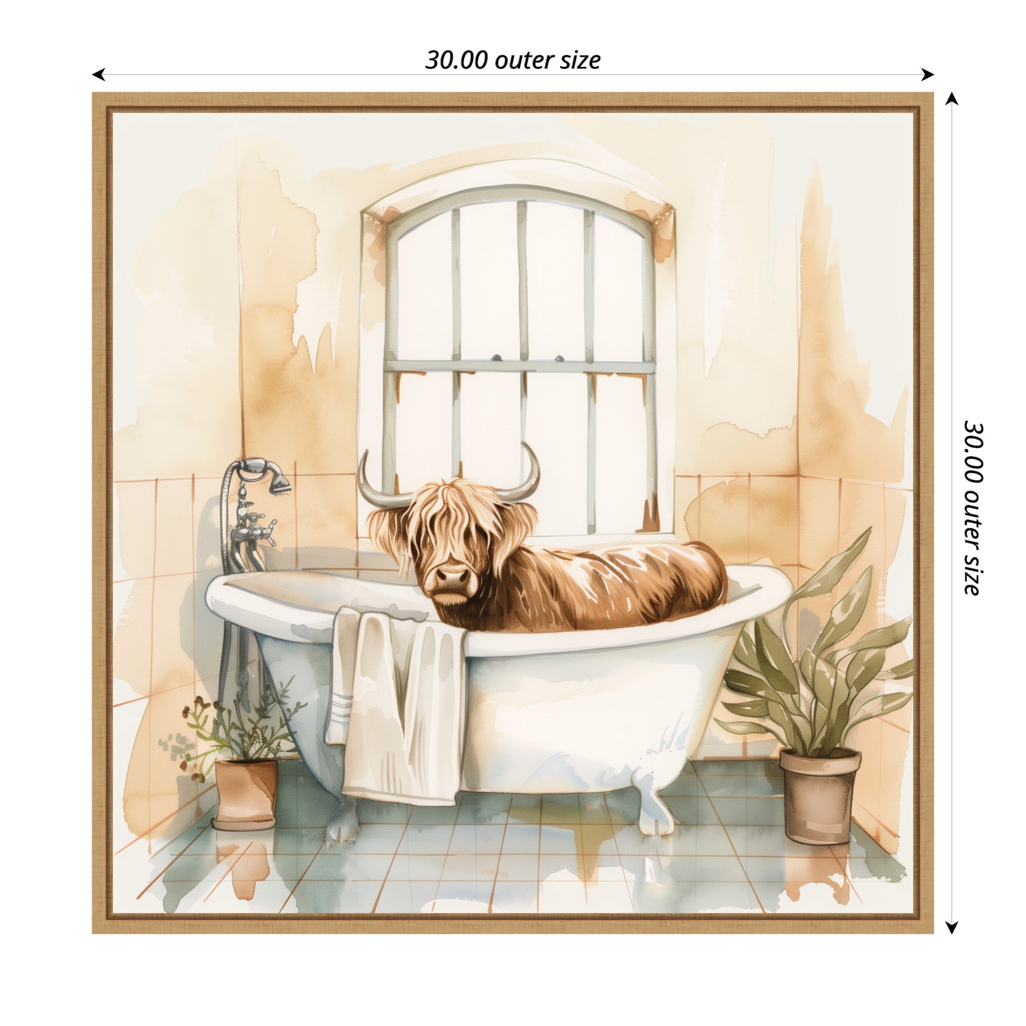 Sylvie Highland Cow Bathroom Watercolor Framed Canvas by The Creative Bunch Studio
