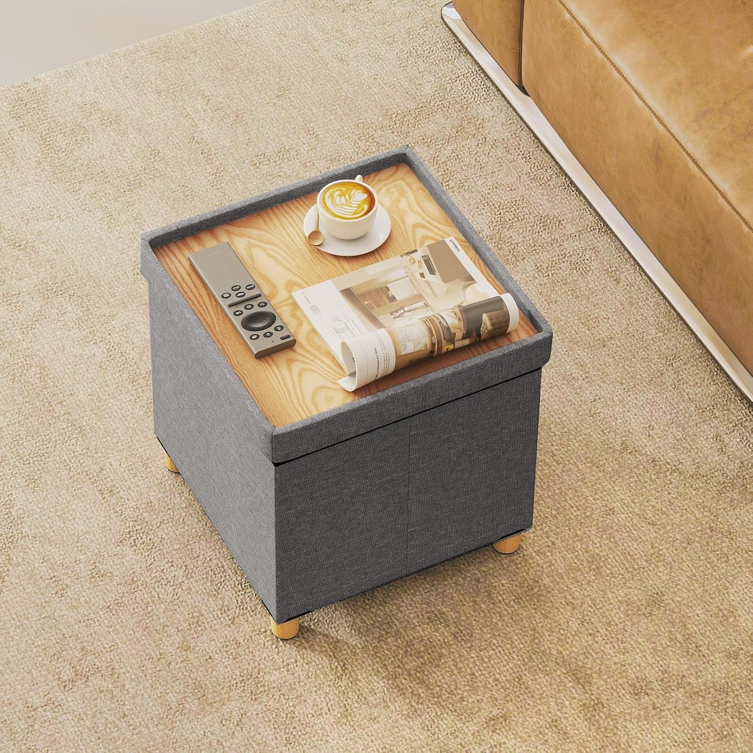 Linen Fabric Storage Ottoman Cube With Tray Lid Elevated Legs 18 Inch