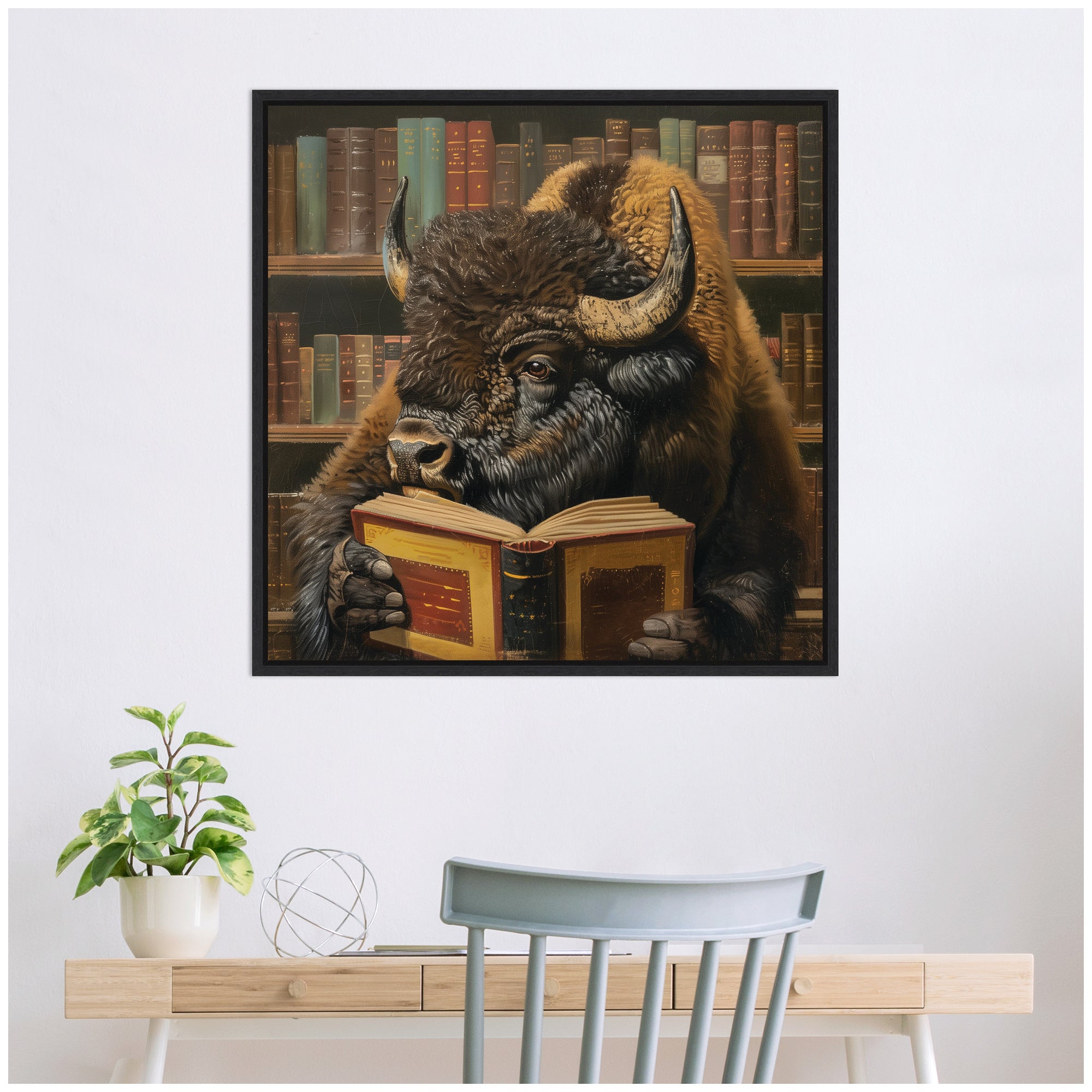 Sylvie Traditional Buffalo Reading in Library Framed Canvas by The Creative Bunch Studio