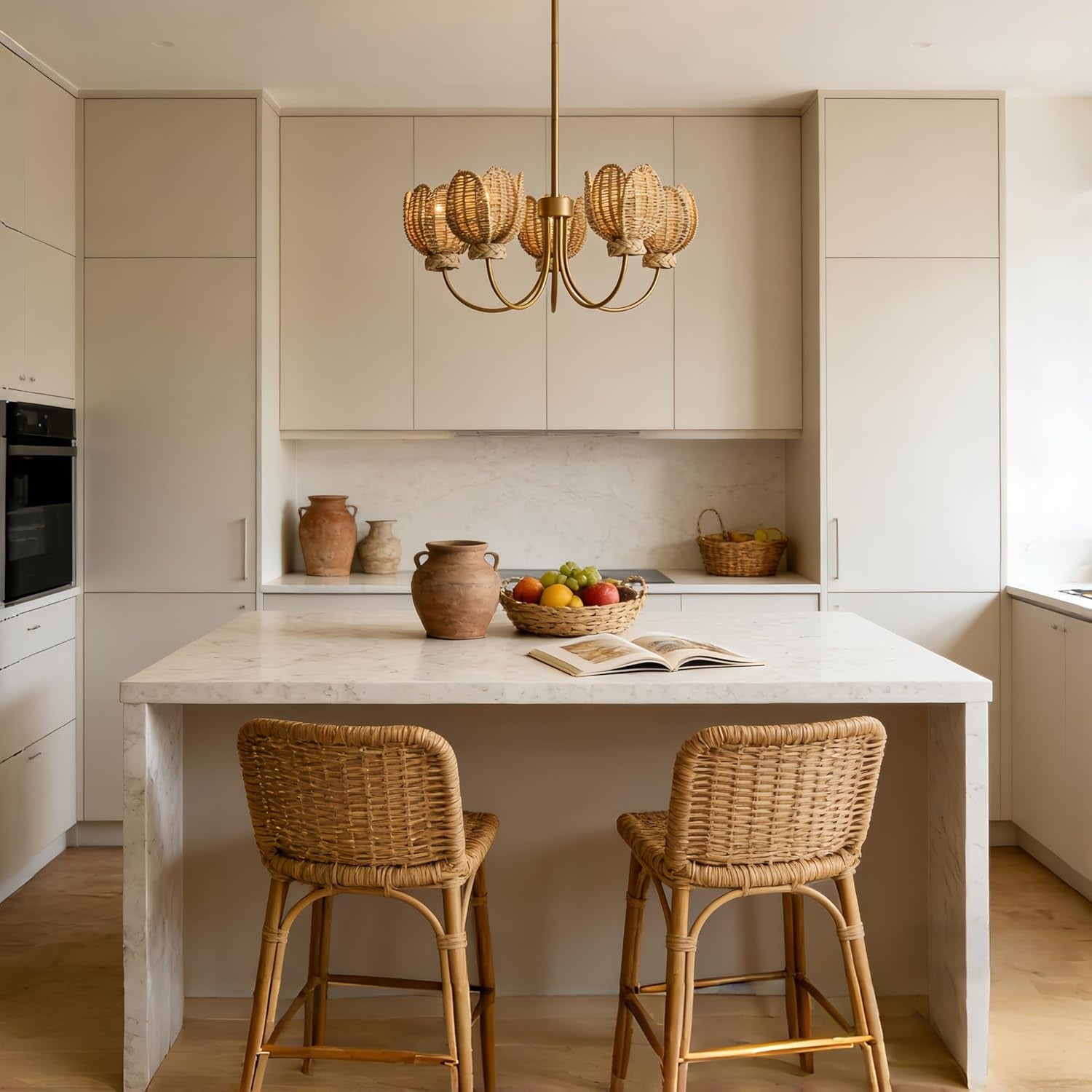 Natural Wicker Brass Chandelier Pendant Light 38 Inch-3