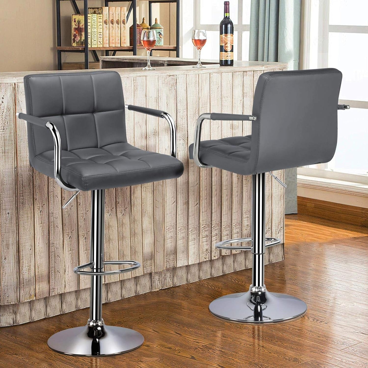 Grey Adjustable PU Leather Swivel Bar Stools Set Of 2